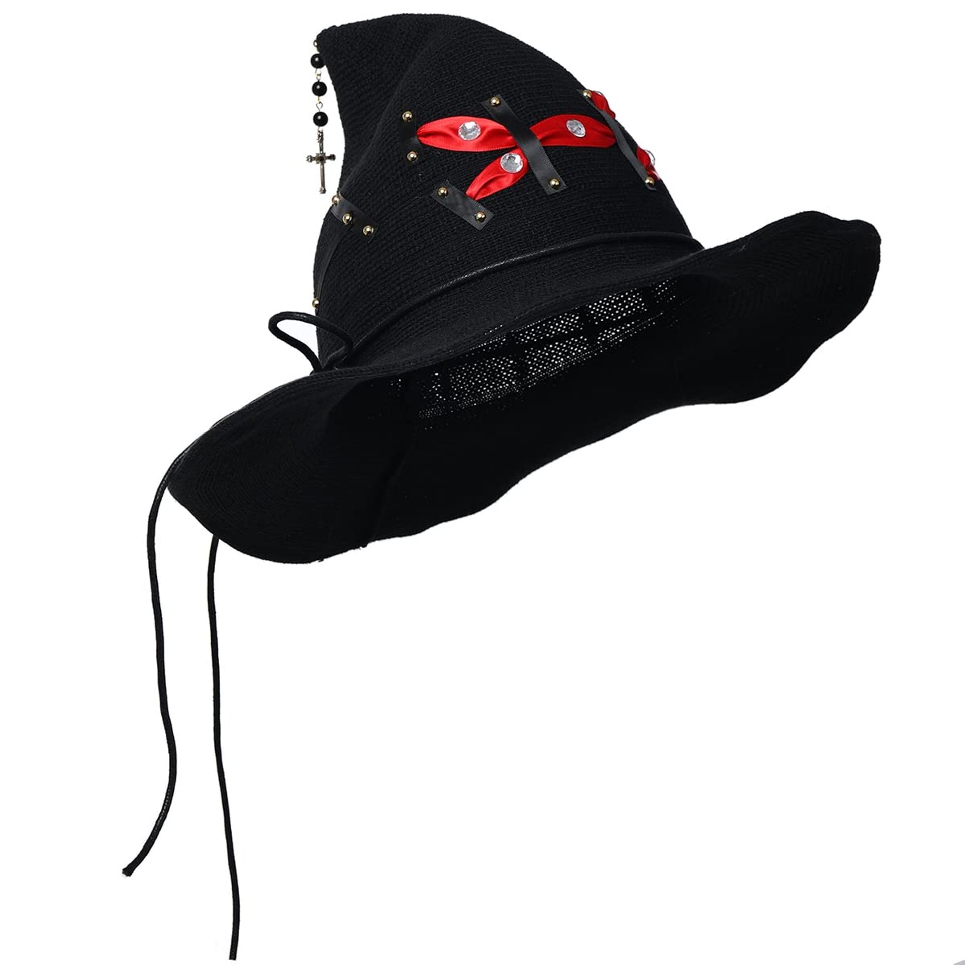 Women's Witch Hat Wool Knit Cap for Halloween or Christmas Fancy Dress - Black Red Straps M