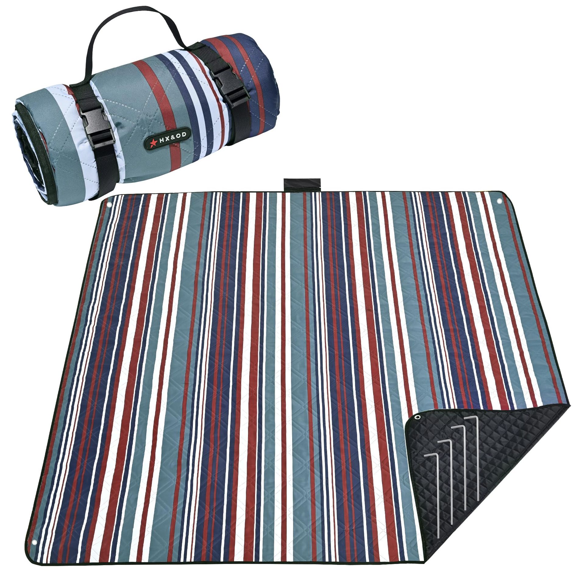 Outdoor Picnic Blanket Waterproof Foldable Mat with Stakes and Carry Strap - Red 203 x 203 cm