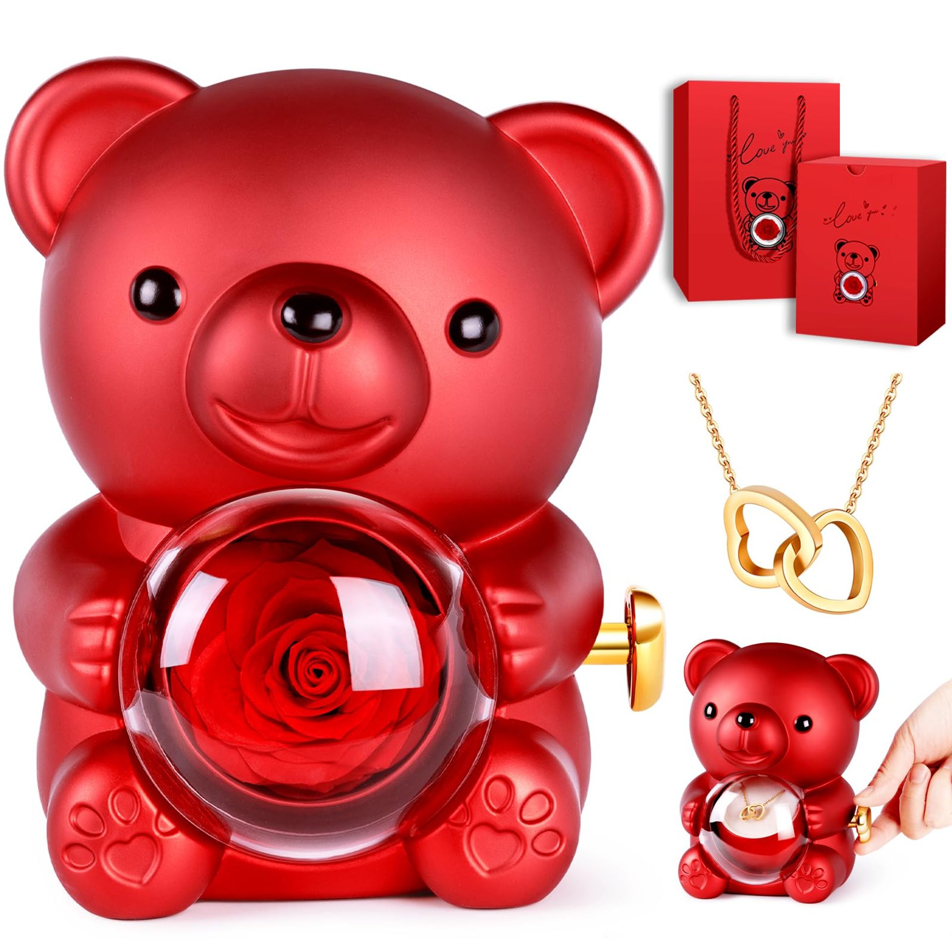 Romantic Teddy Bear with Preserved Red Rose, Hidden Jewellery Box & Heart Necklace Gift - Red
