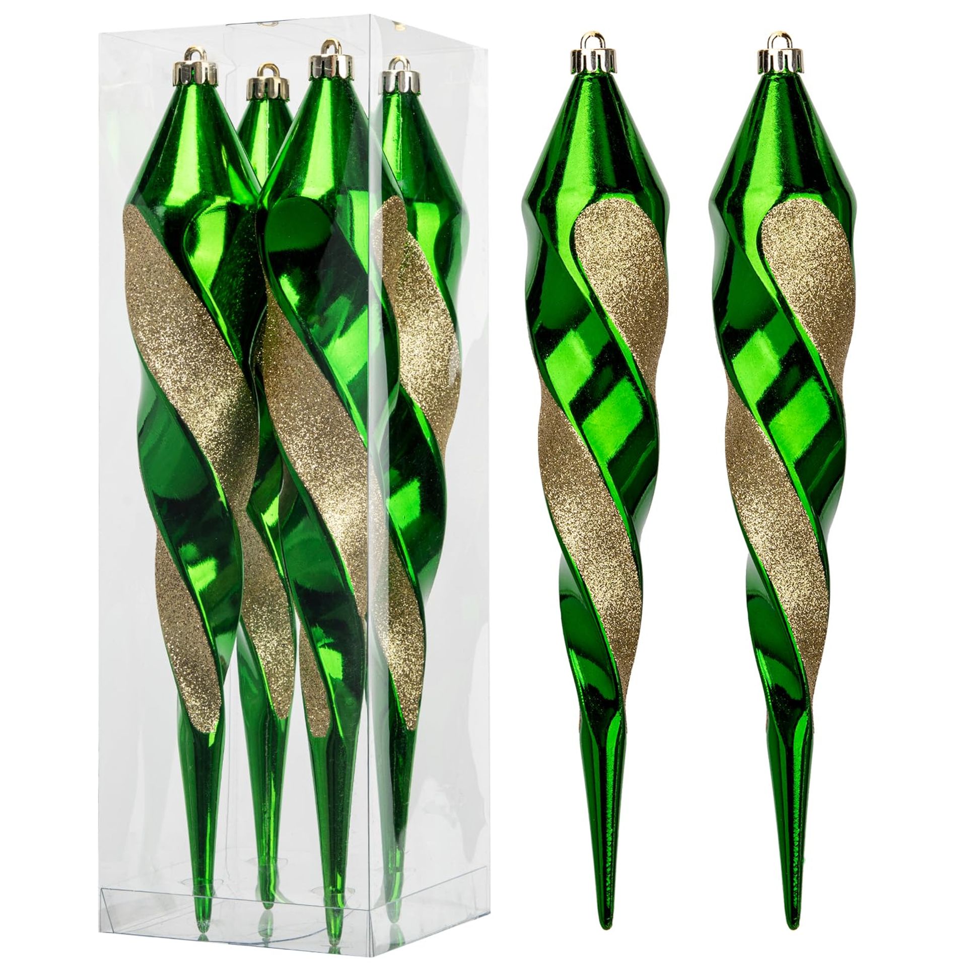 4PCS Swirl Icicle Baubles 30cm Green - Glitter Xmas Tree Ornaments for Holiday Decor