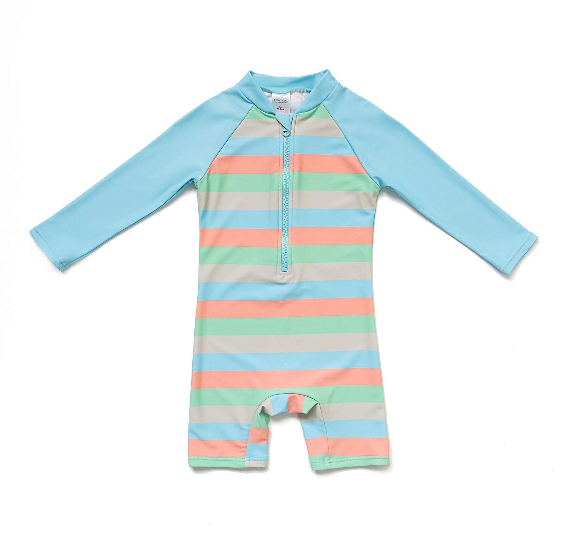 Baby Boys UPF 50+ Sunsuit with Sun Hat – All-in-One Swimwear for UV Protection, Multi-Coloured Stripes, 12-18 Months