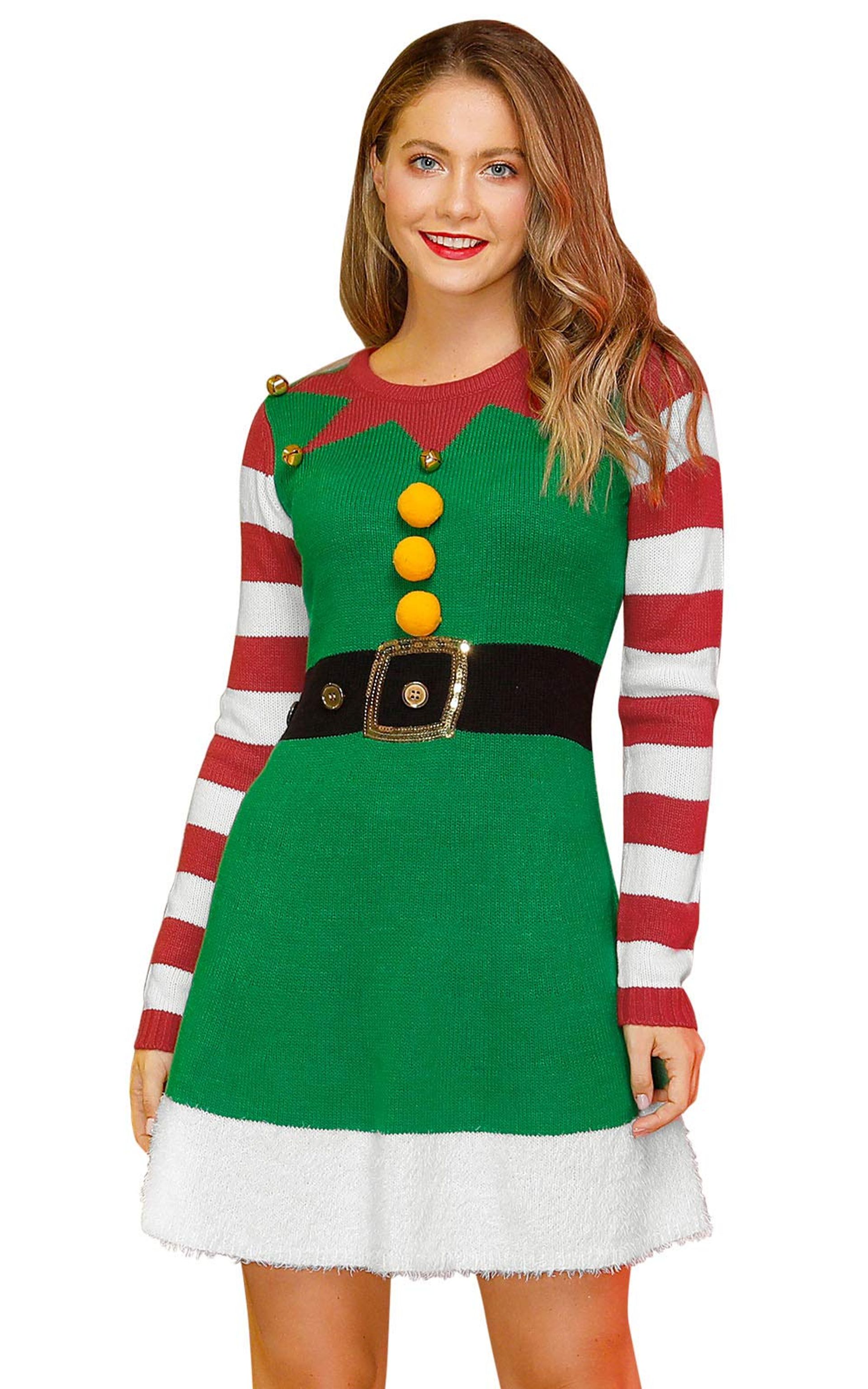 Women's Christmas Gnome Knitted Jumper Long Sleeve Ugly Sweater Mini Dress Festive Party Wear - Green L
