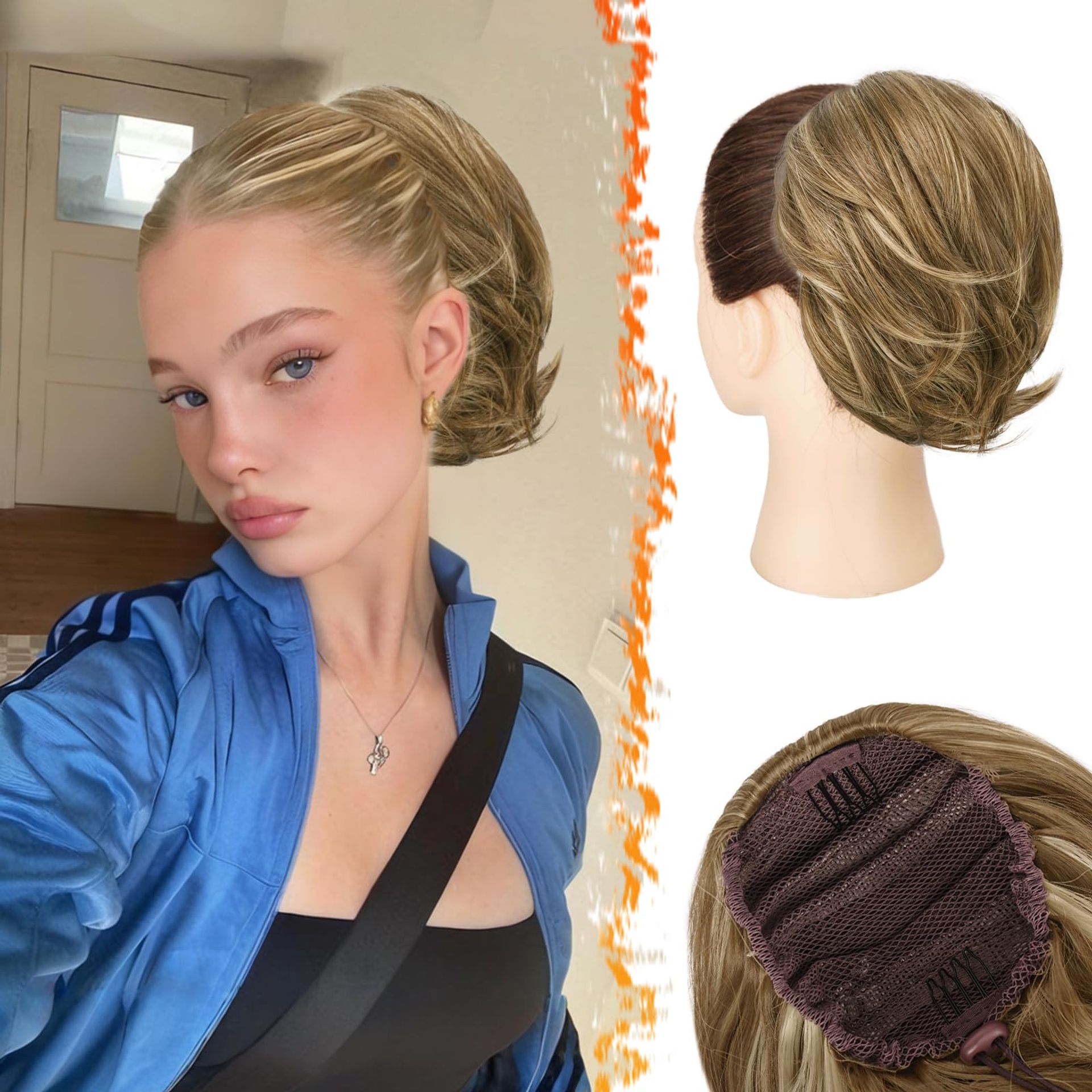 Ash Brown & Blonde Straight Hair Bun Extension - Drawstring Ponytail Scrunchie
