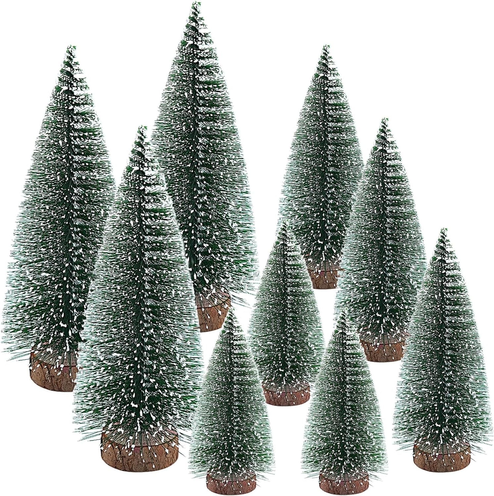Mini Christmas Trees Set - 9 Frosted Xmas Trees for Crafts & Decor