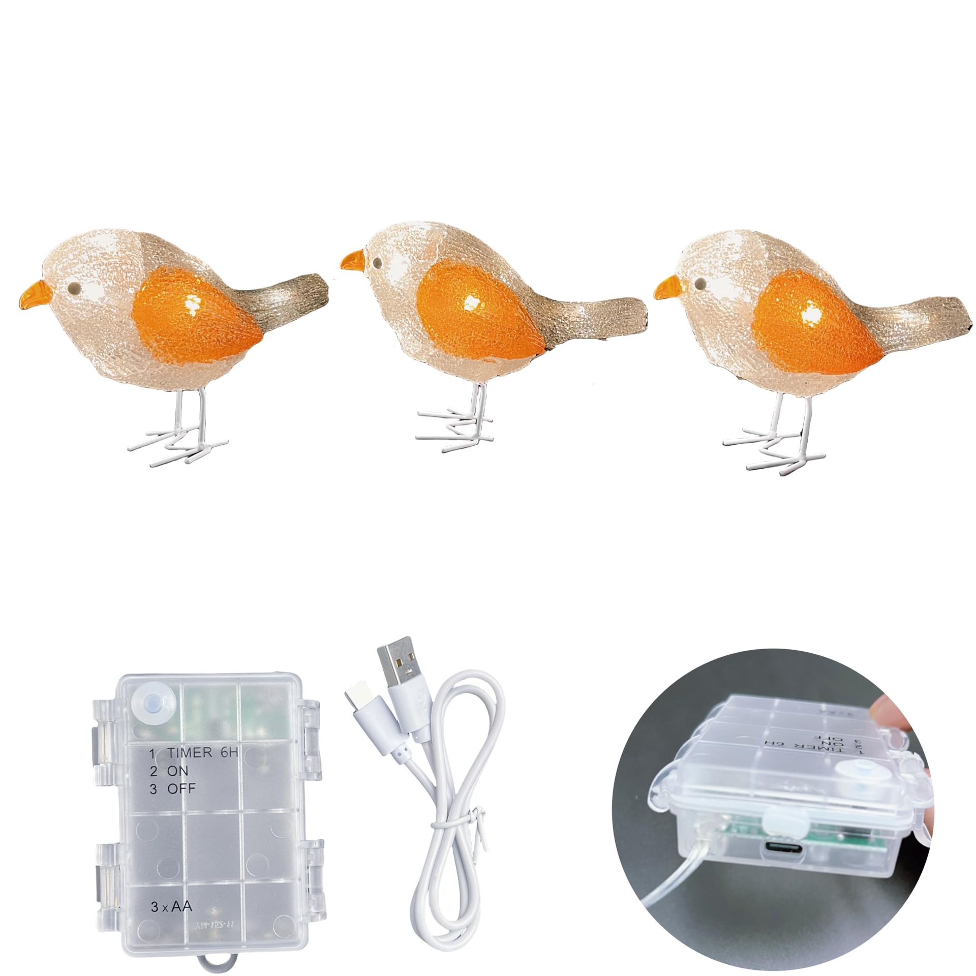 11CM Acrylic Bird Light with Timer, Dual Power, 24 Warm White LEDs for Indoor/Outdoor Use