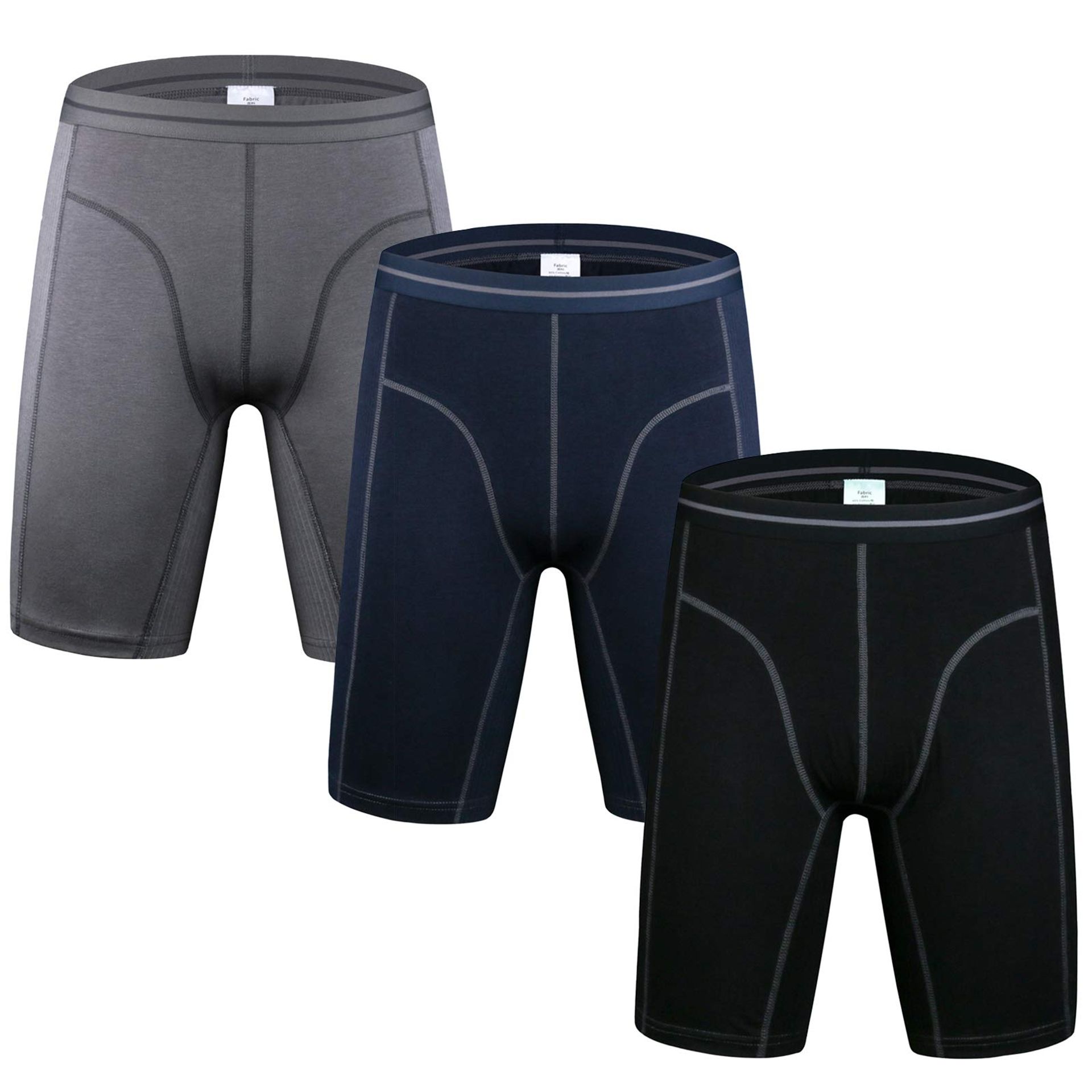 Men's Long Leg Boxer Shorts 3 Pack – Breathable Cotton Stretch Underwear for Sports, Fitness & Daily Wear - Blue/Black/Grey XXL