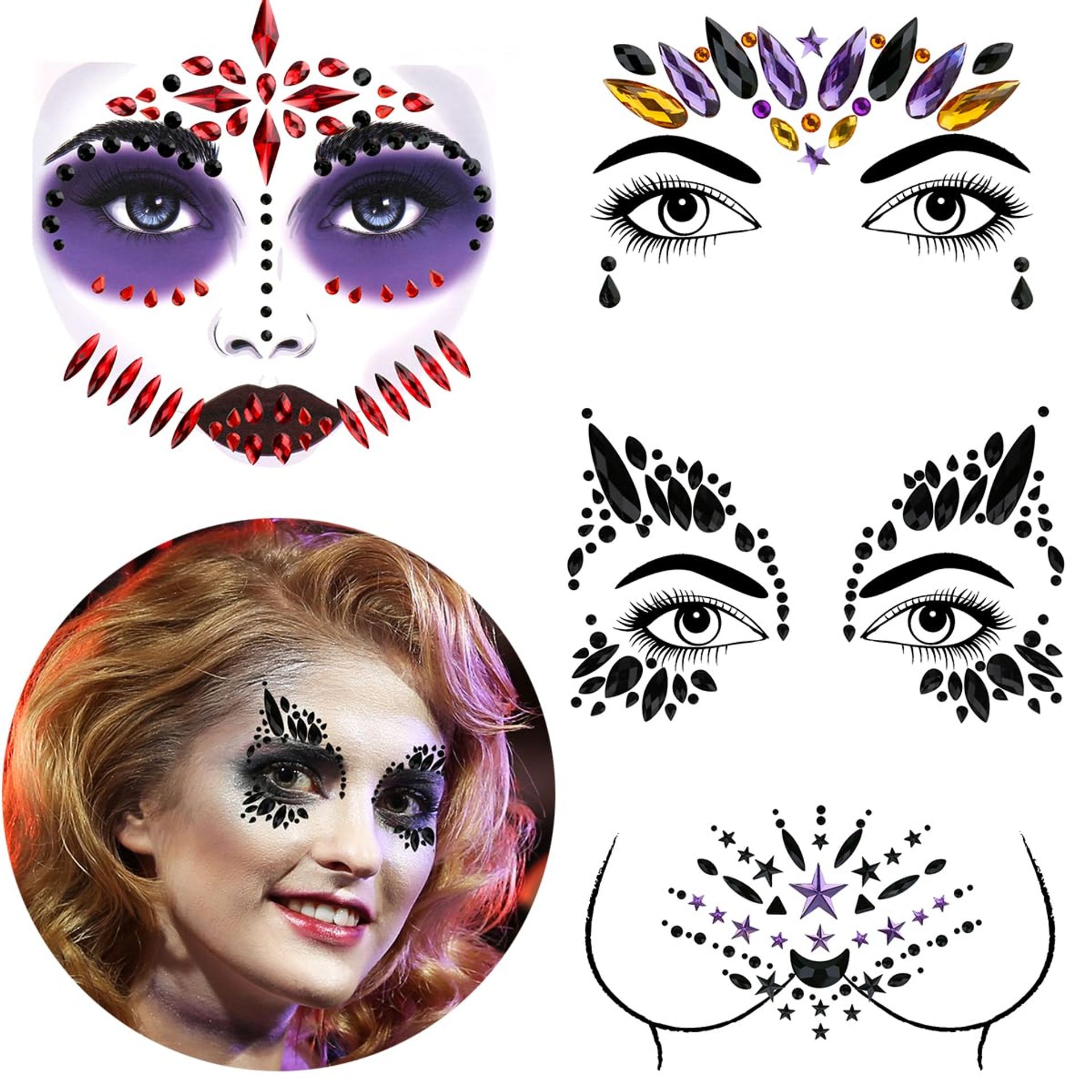 Halloween Face Jewels - Self-Adhesive Rhinestone Stickers for Festival Makeup & Decorations