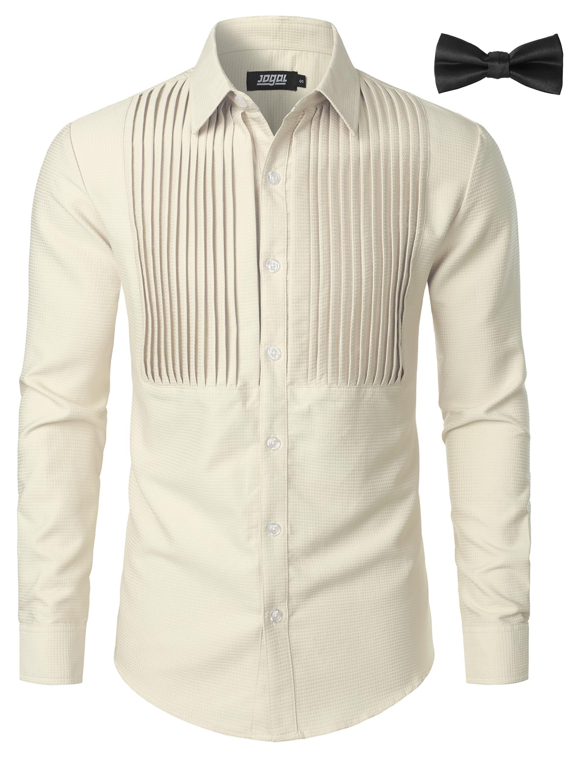 Men's Pleated Tuxedo Shirt with Waffle Texture & Bow Tie - Champagne Small Formal Wear