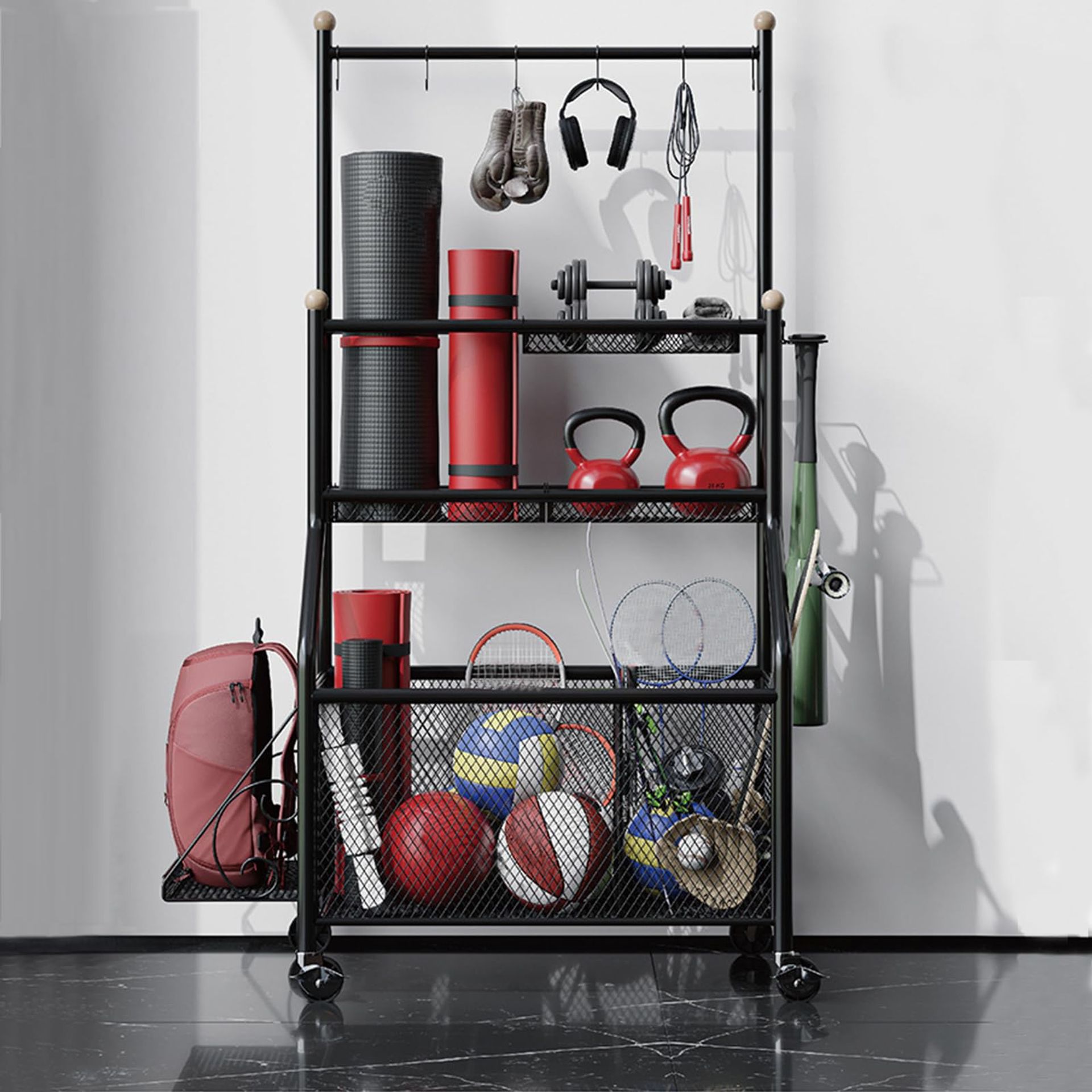 Home Gym Storage Rack with Lockable Wheels & Adjustable Hooks for Dumbbells, Yoga Mats & Fitness Accessories - Black YDQCSNJ