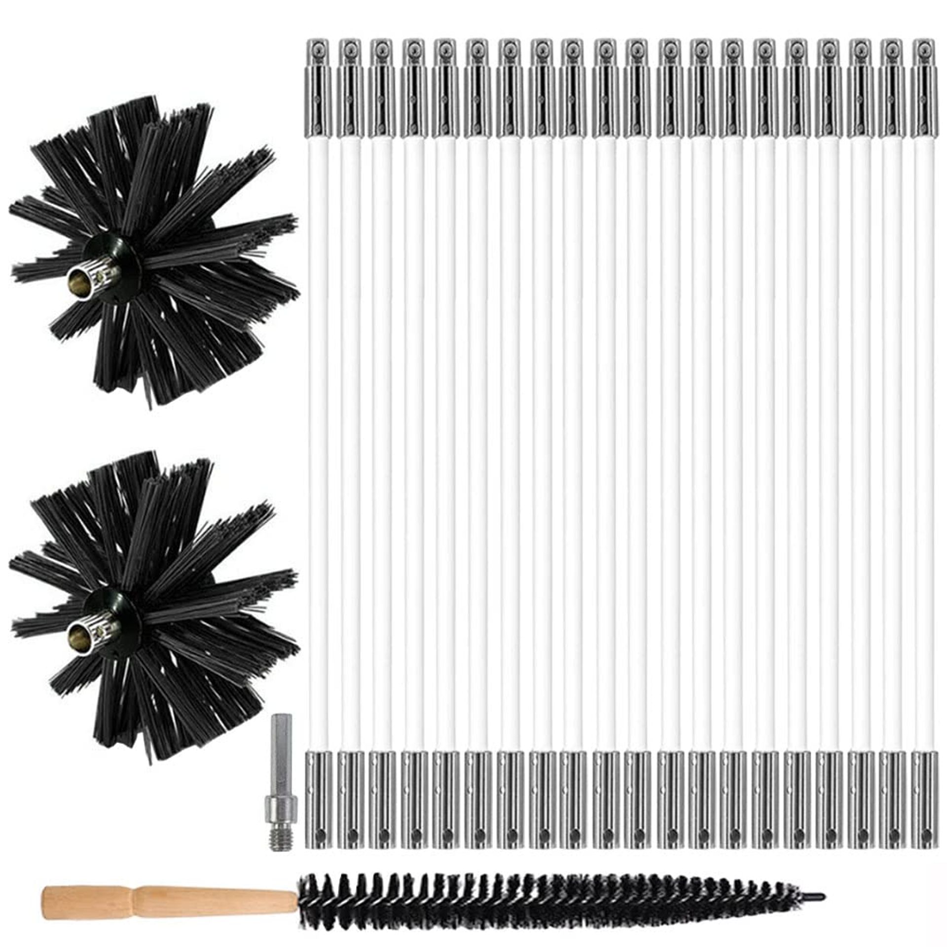 Flexible Chimney Cleaning Brush Kit - 20 Rods, 2 Nylon Brush Heads, Drill Compatible for Soot Removal