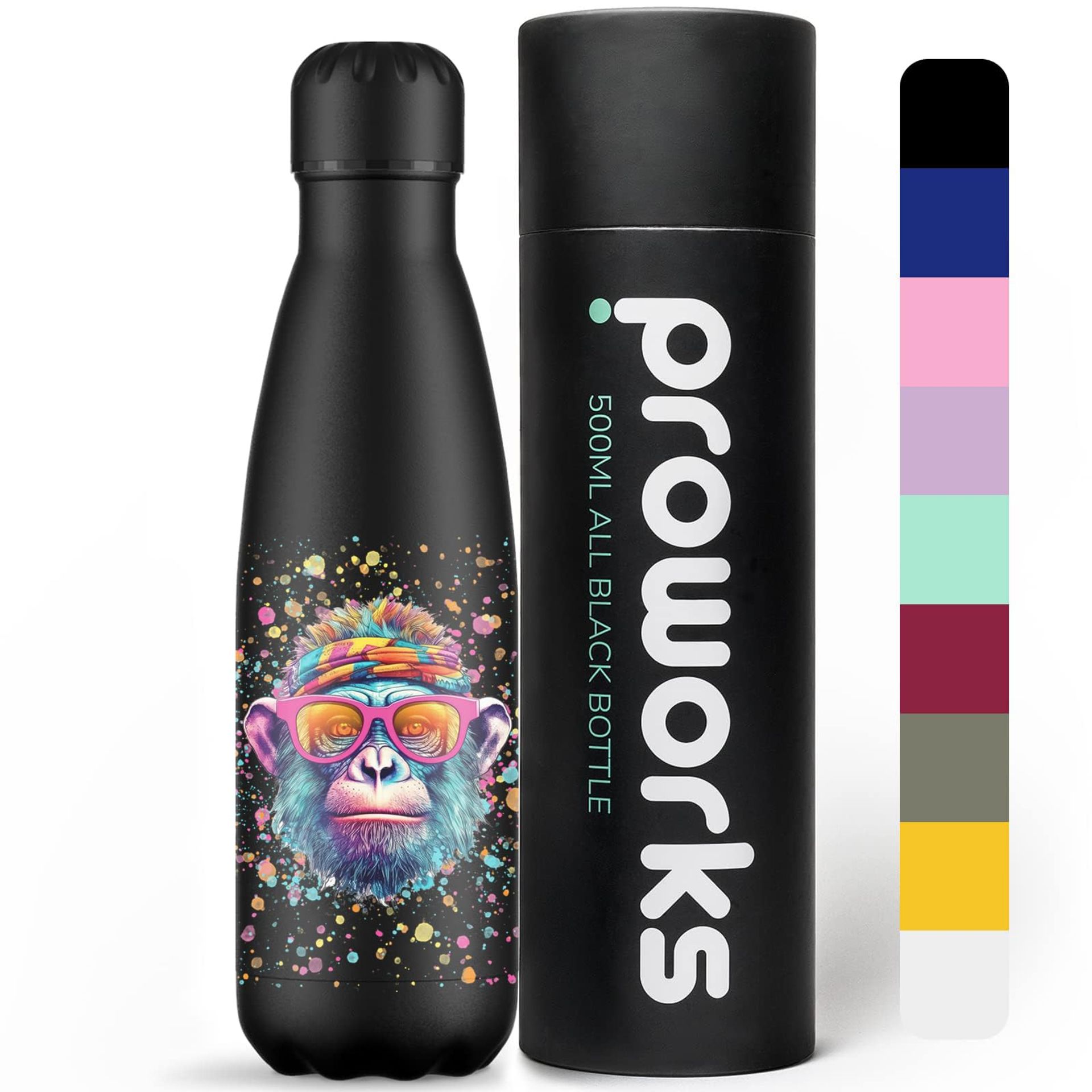 Insulated Stainless Steel Sports Water Bottle 500ml - 12h Hot / 24h Cold, Leakproof, Chimp Paint Splatter Black