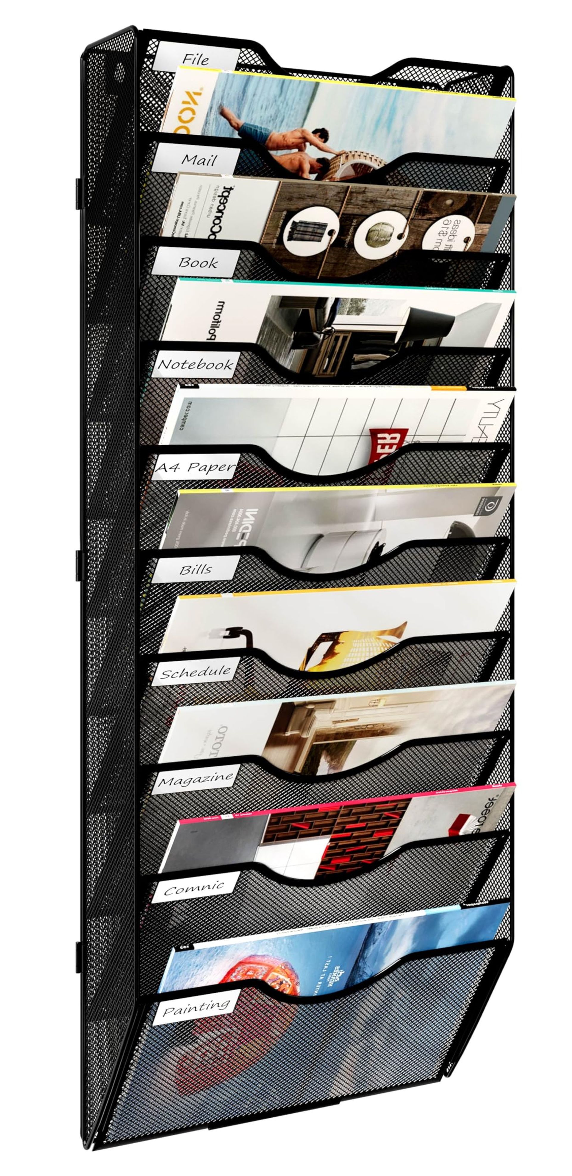 10-Pocket Wall Mounted Desk Tidy Organiser Metal Document & Magazine Rack for Office Storage - Black 10 Tier