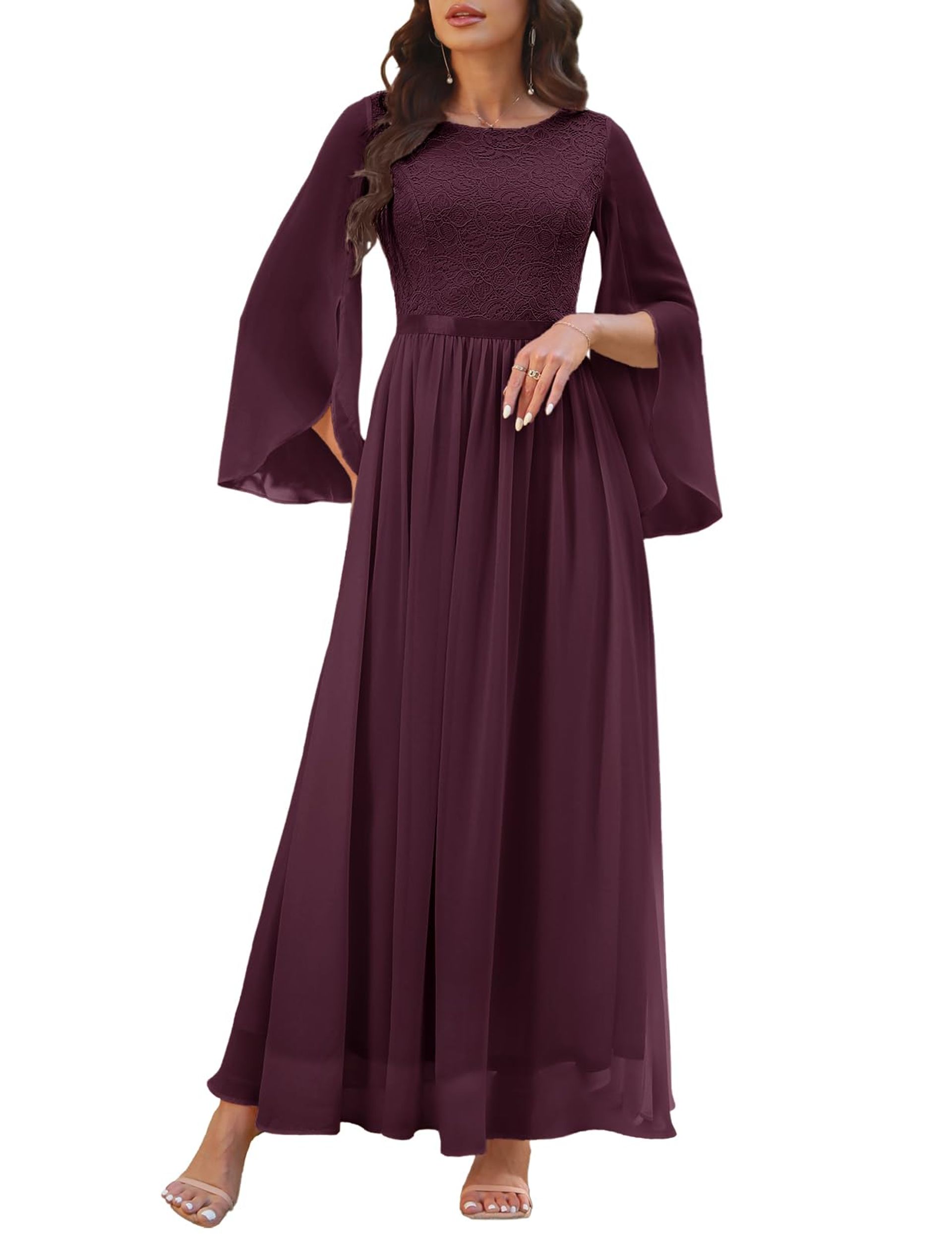Women’s Formal Lace Chiffon Maxi Evening Dress, Bridesmaid & Prom Gown, Burgundy 3XL