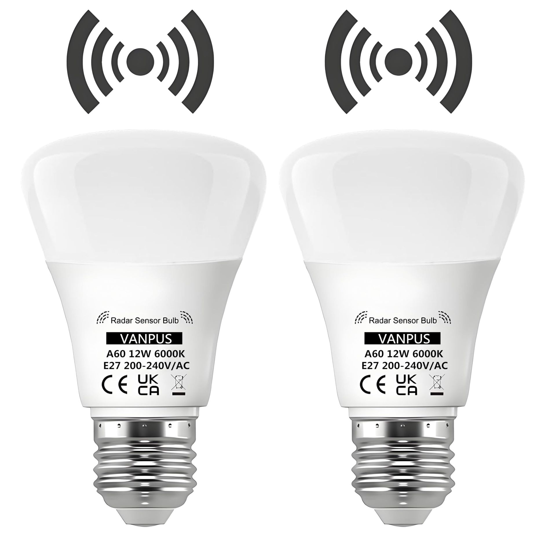 Motion Sensor LED Light Bulbs E27 Auto On/Off Radar Dusk to Dawn Lighting 10W Warm White (2 Pack) - Warm White A60
