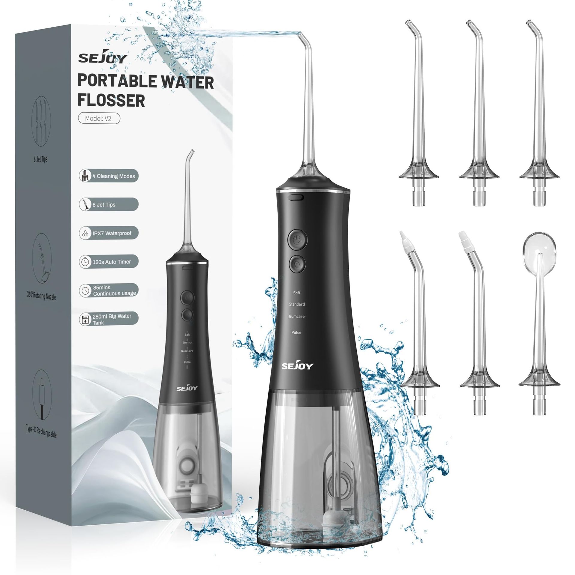 Cordless Water Flosser 280ml Rechargeable Oral Irrigator 4 Modes 6 Jet Tips IPX7 Waterproof - Black V2