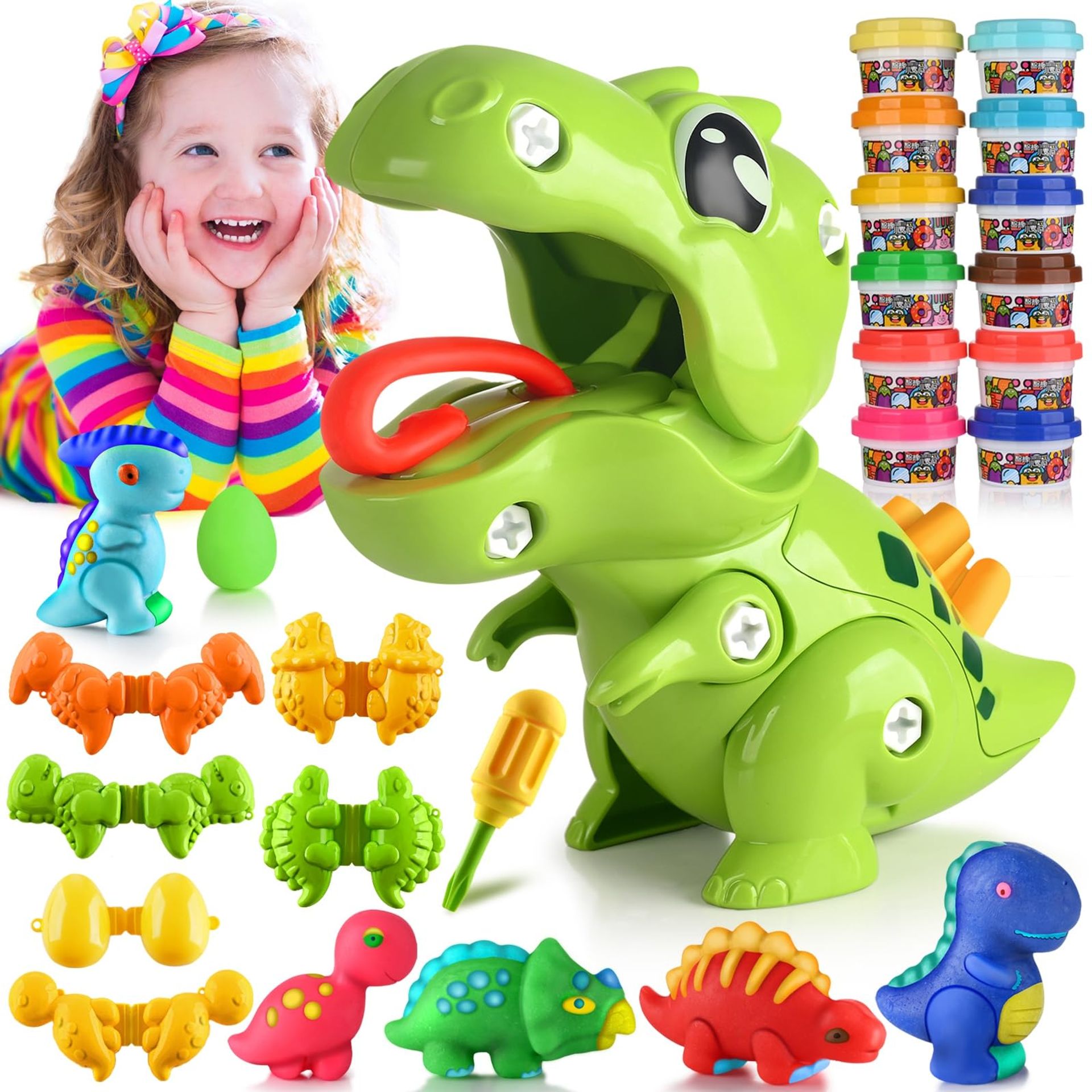 Dinosaur Modelling Clay Set with Tools - 12 Bright Colours, Creative Play for Kids 3+ Green