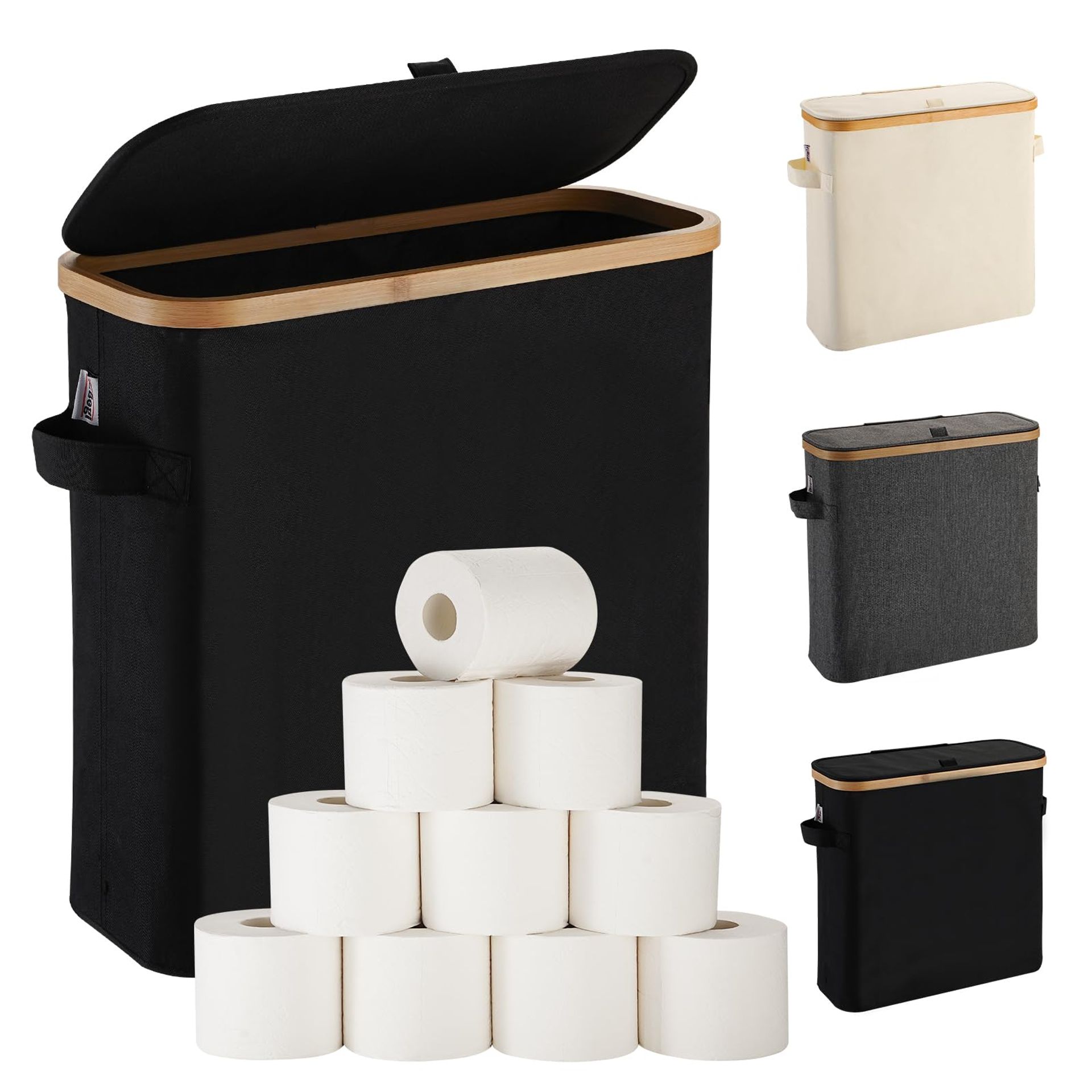 Free Standing Toilet Roll Holder with Bamboo Lid & Storage Basket - Black Bathroom Organiser
