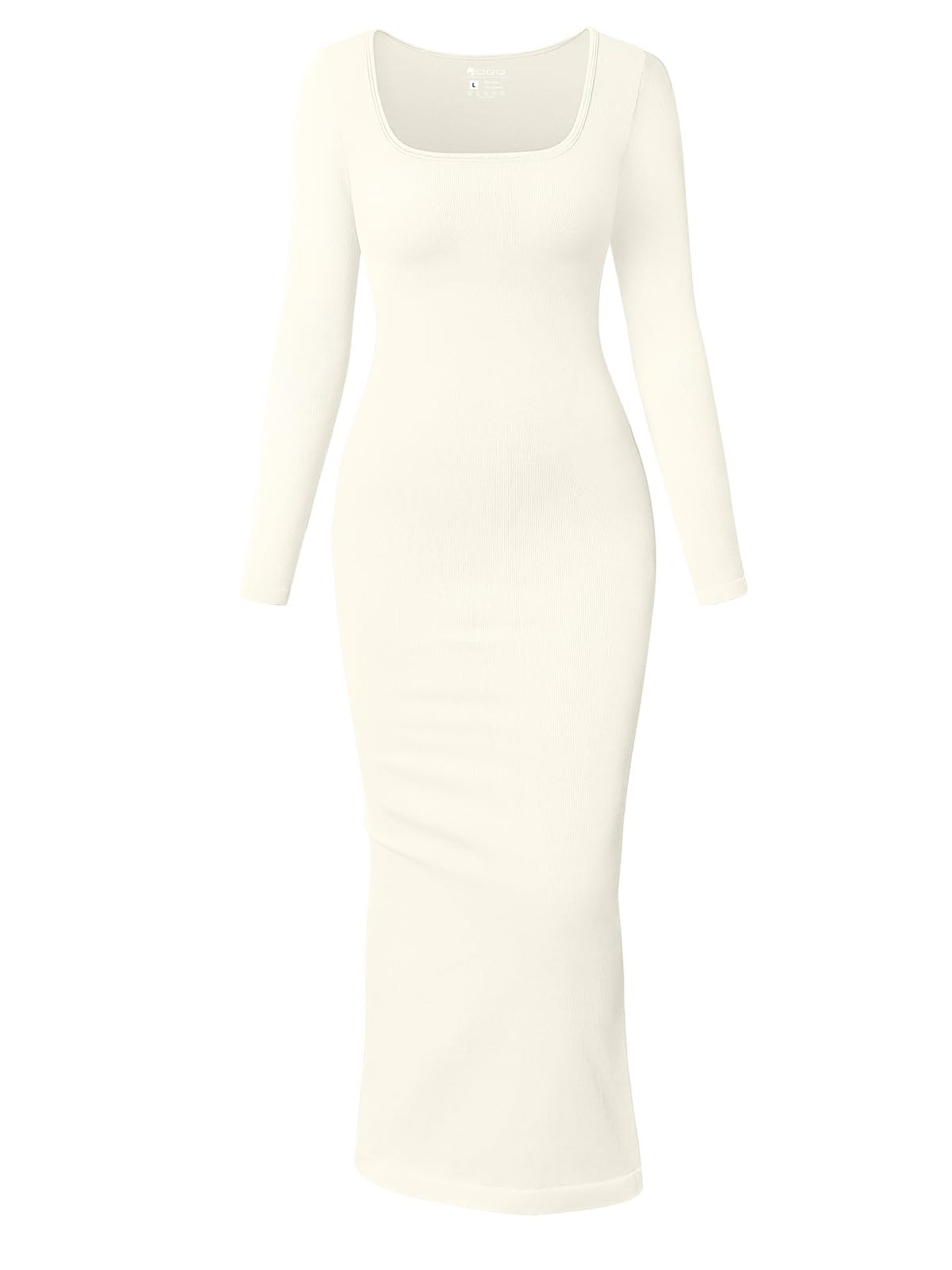 Women's Long Sleeve Maxi Dress Square Neck Ribbed Bodycon Casual Loungewear - Beige L