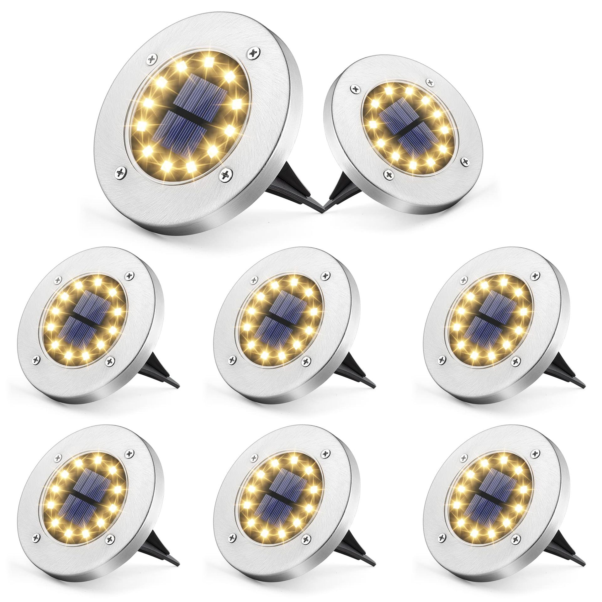 GIGALUMI Solar Ground Lights 12LEDs 8PACK In-Ground Lights Solar Powered Pathway Lights Outdoor Decking Landscape Lamp for Lawn Yard Pool Patio（Warm White）