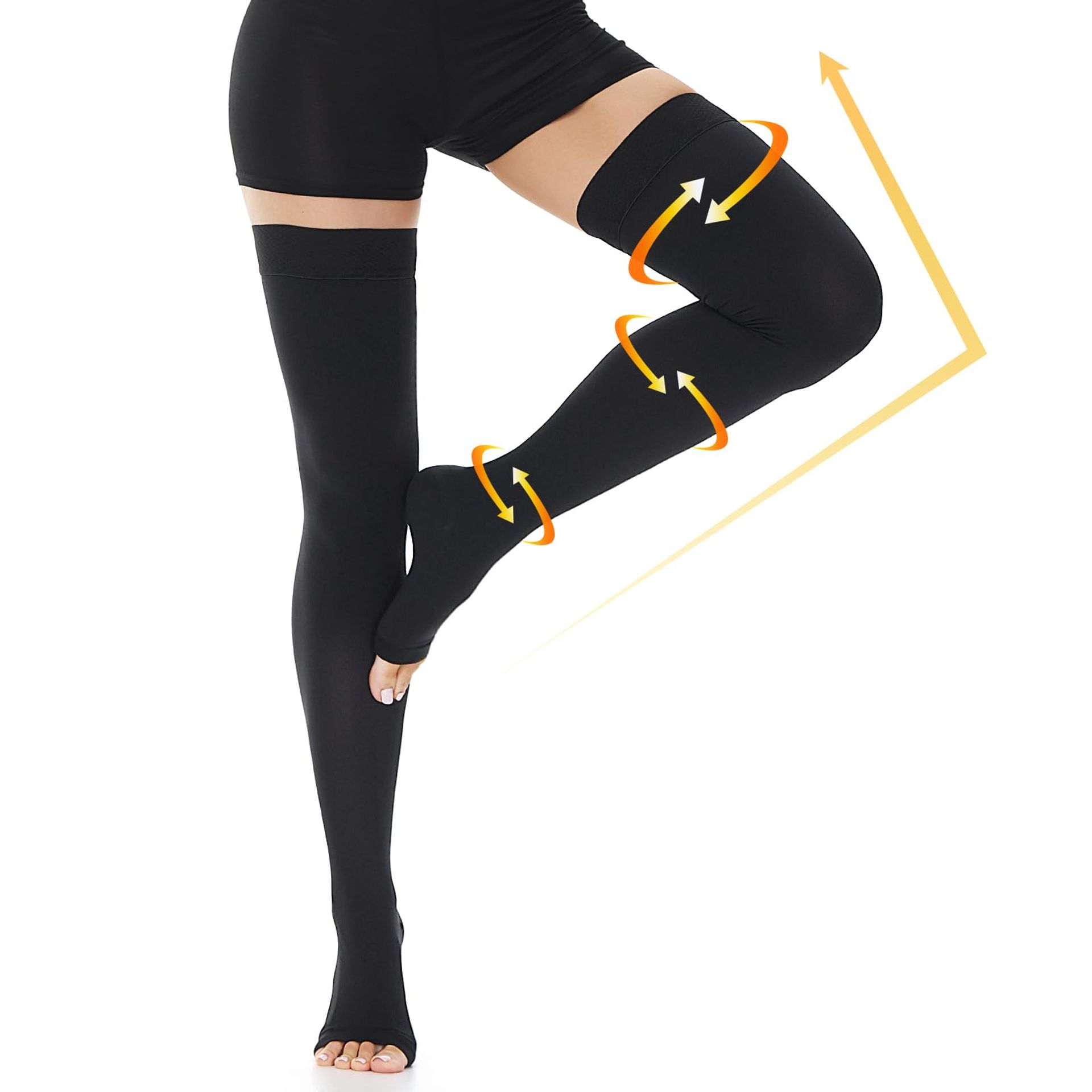 Compression Stockings 20-30 mmHg Thigh High Open Toe Silicone Band for Varicose Veins, DVT & Edema Relief - Black M