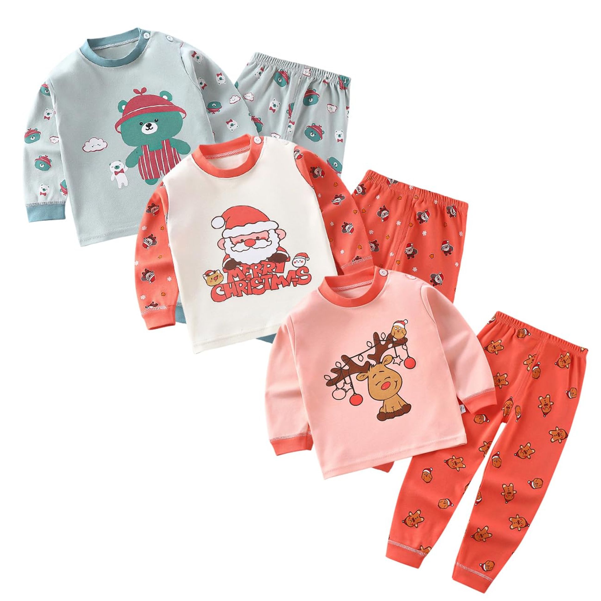 Kids 100% Cotton Thermal Base Layer Set – 3 Pack Long Johns & Pyjamas for Girls, Ages 6M–5Y