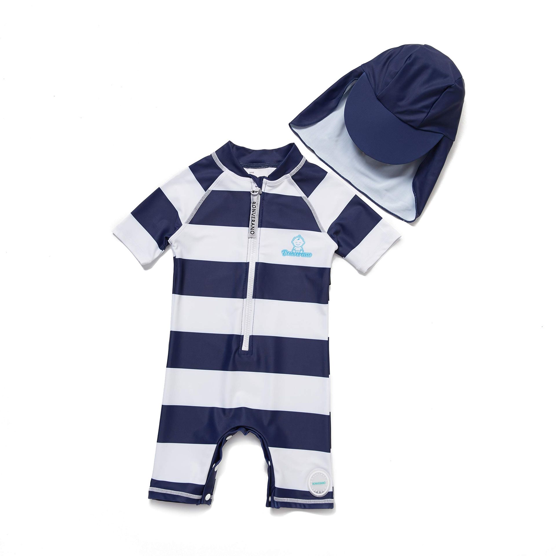 Baby Boys UV Protection Swimsuit UPF 50+ with Sun Hat - Navy Stripe 24-36M