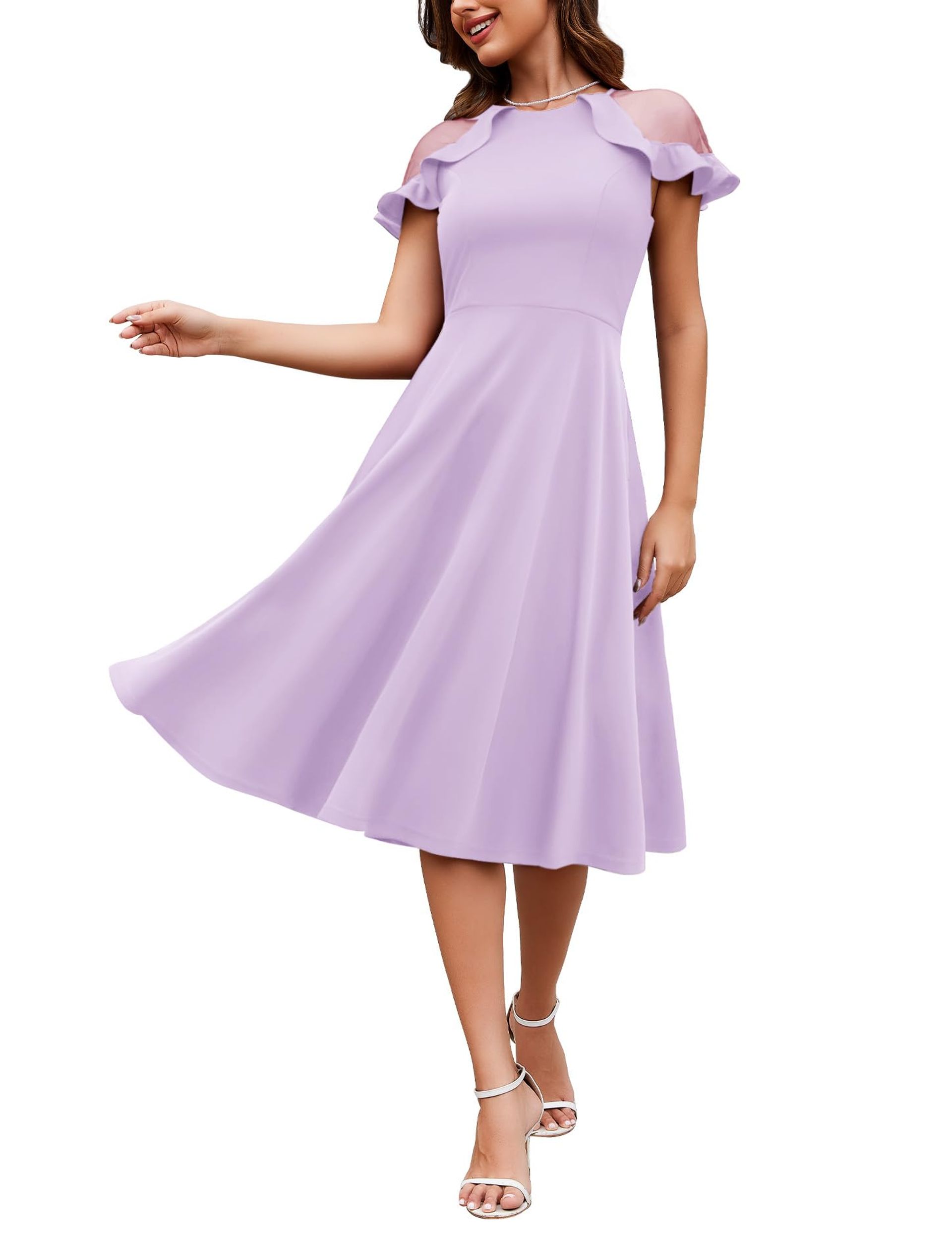 Elegant Ruffle Short Sleeve A-Line Midi Dress for Weddings & Parties – Lavender Size L