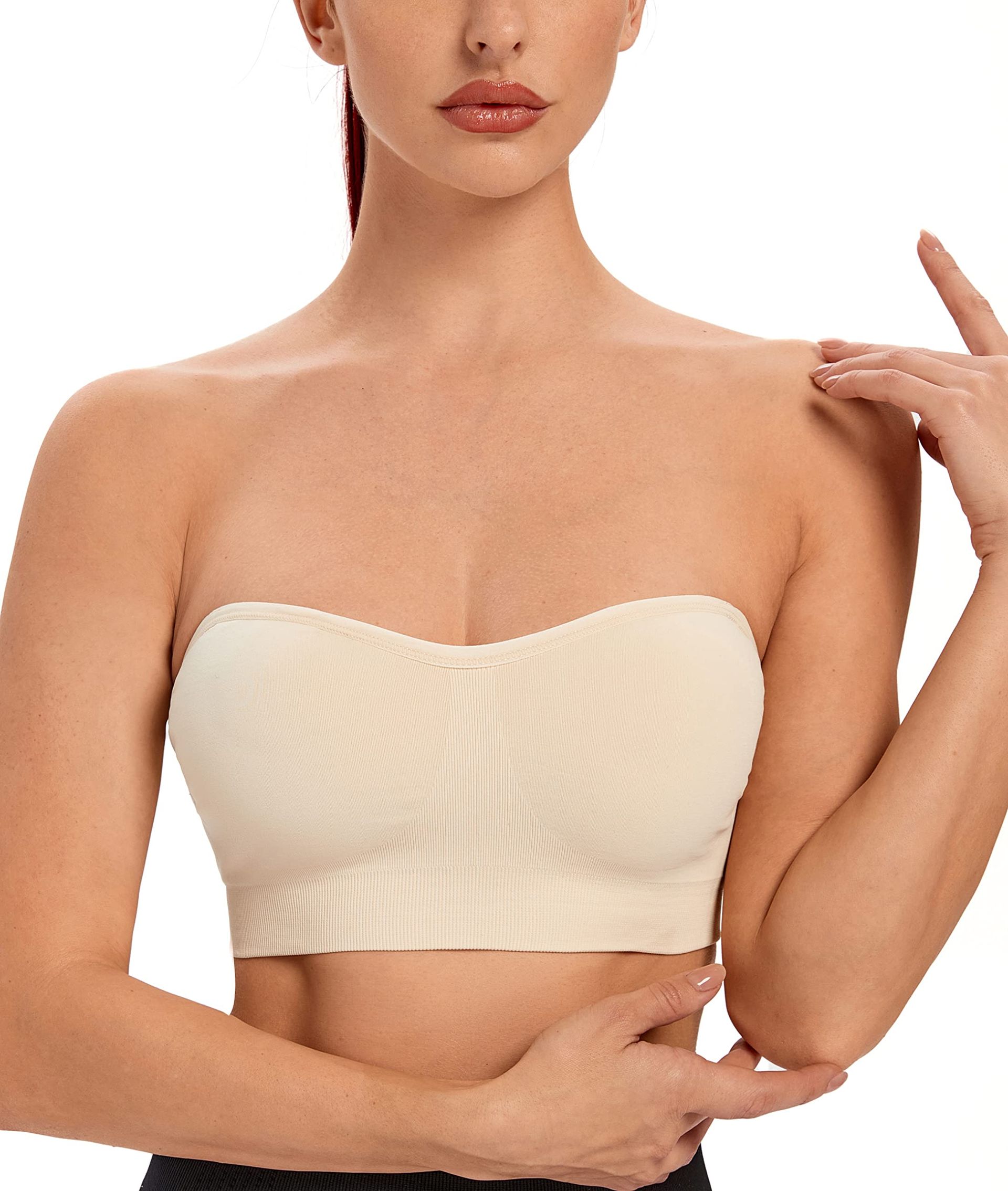 Beige XL Seamless Strapless Bandeau Bra with Removable Padding & Convertible Straps