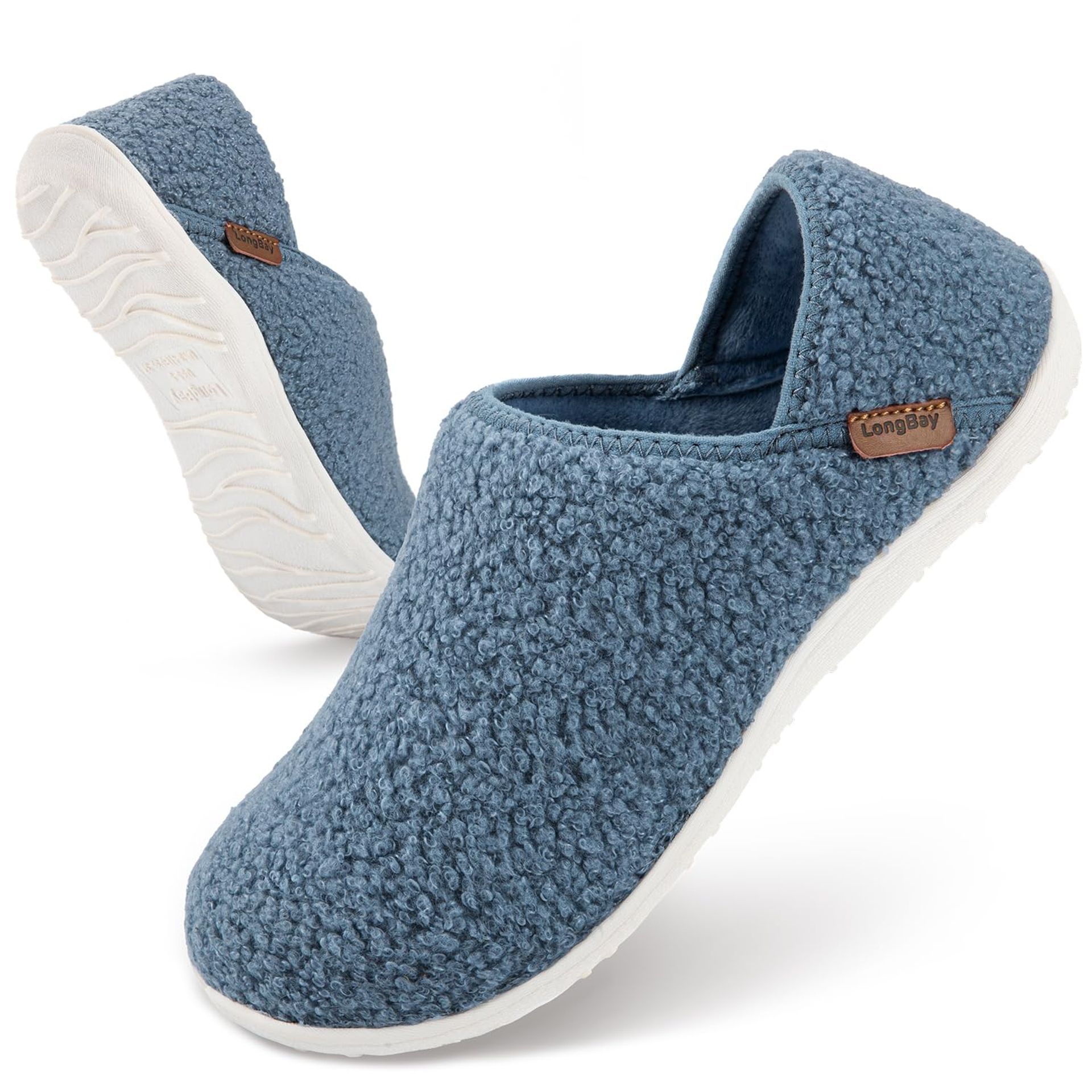 LongBay Women's Fuzzy Fur Slippers Lightweight Memory Foam House shoes for Bedroom, Anti-Slip Blue 3-4