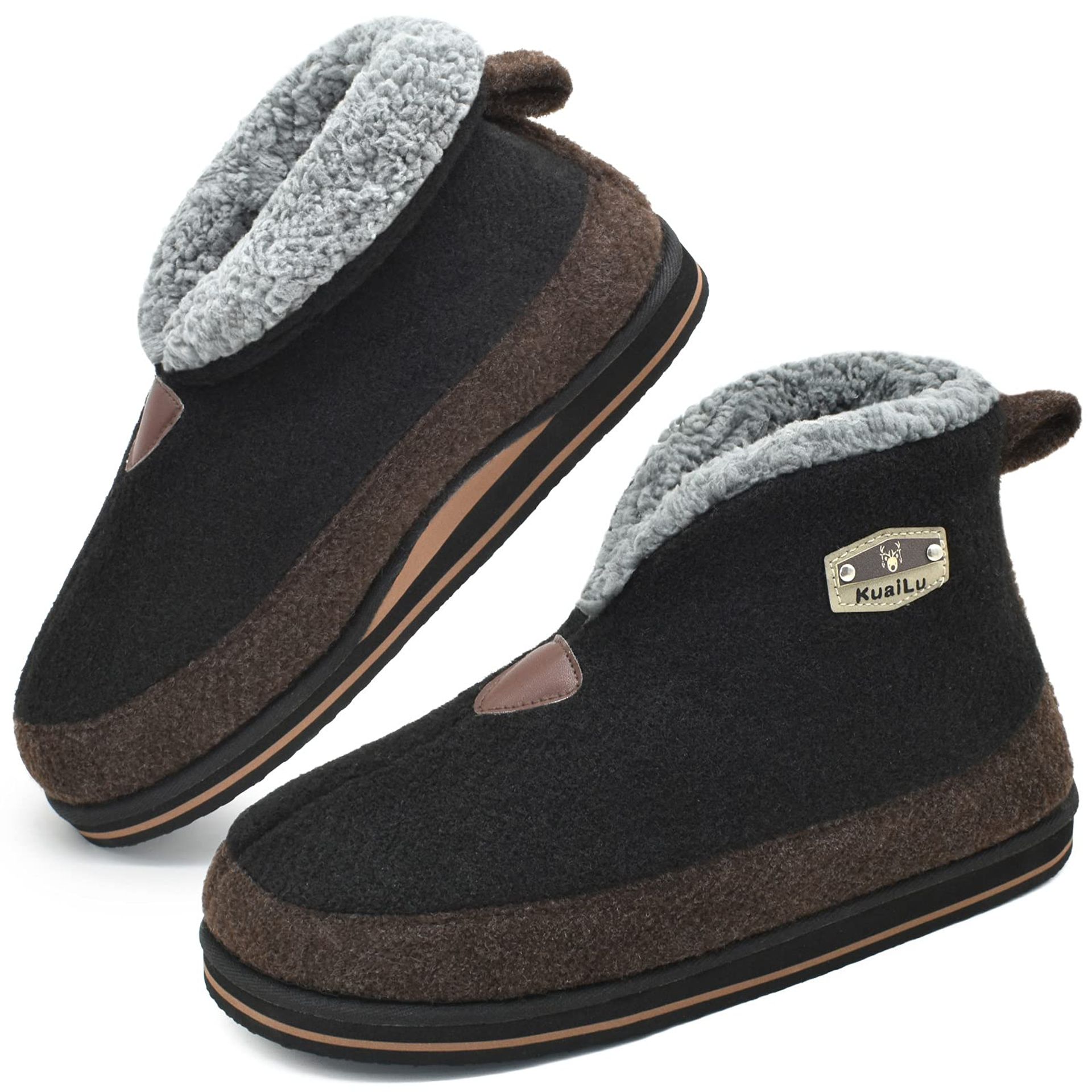 KuaiLu Mens Felt Winter Warm Boot Slippers Cosy Memory Foam Fleece Lined Bootie Slippers with Comfy Arch Support House Shoes Non-Slip Indoor Outdoor Hard Sole Black 8.5