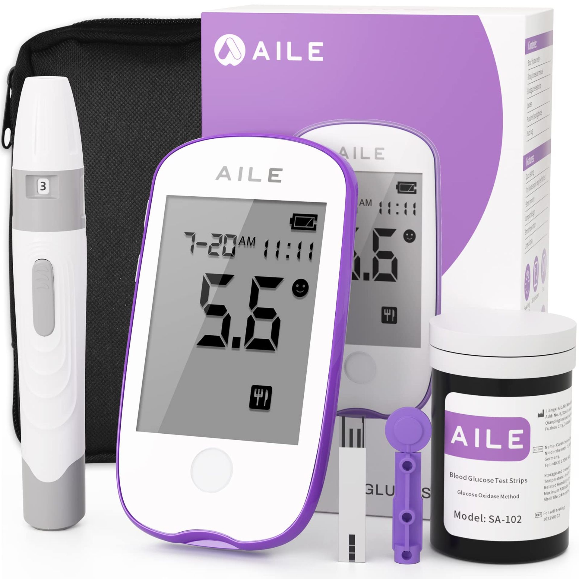 Blood Glucose Test Kit for Diabetes: AILE Blood Sugar monitor testing Kits Diabetics Meter For Home Use Test Strips x 25 and Low Pain Lancing Devices x 25 Testing Monitoring 5 Seconds Accurate Machine