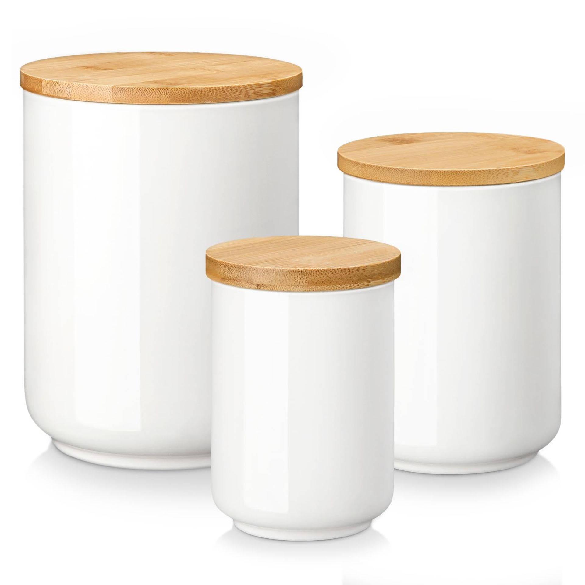 MALACASA Series REG, Tea Coffee Sugar Canisters Set of 3, 550ml 1120ml 2200ml Ceramic Kitchen Canisters, White Canister with Airtight Bamboo Lid for Coffee, Flour, Spices, Tea, Sugar