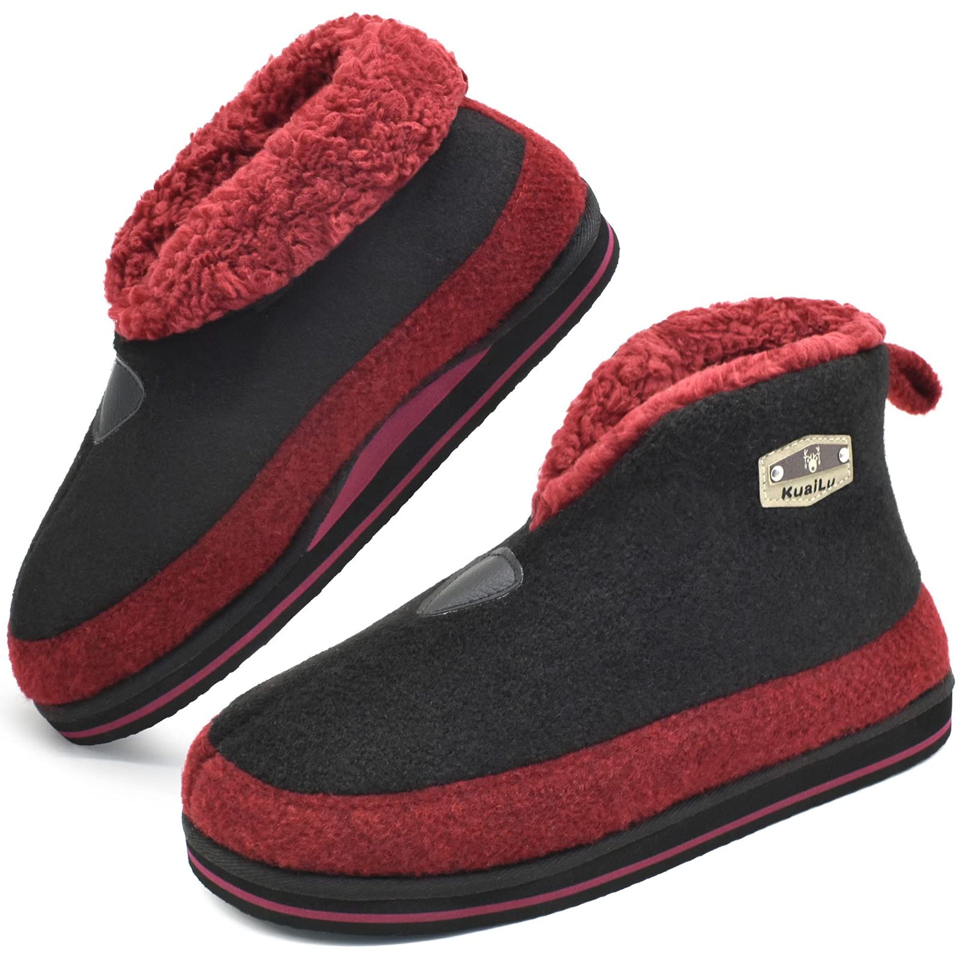KuaiLu Mens Felt Winter Warm Boot Slippers Cosy Memory Foam Fleece Lined Bootie Slippers with Comfy Arch Support House Shoes Non-Slip Indoor Outdoor Hard Sole Red 8.5