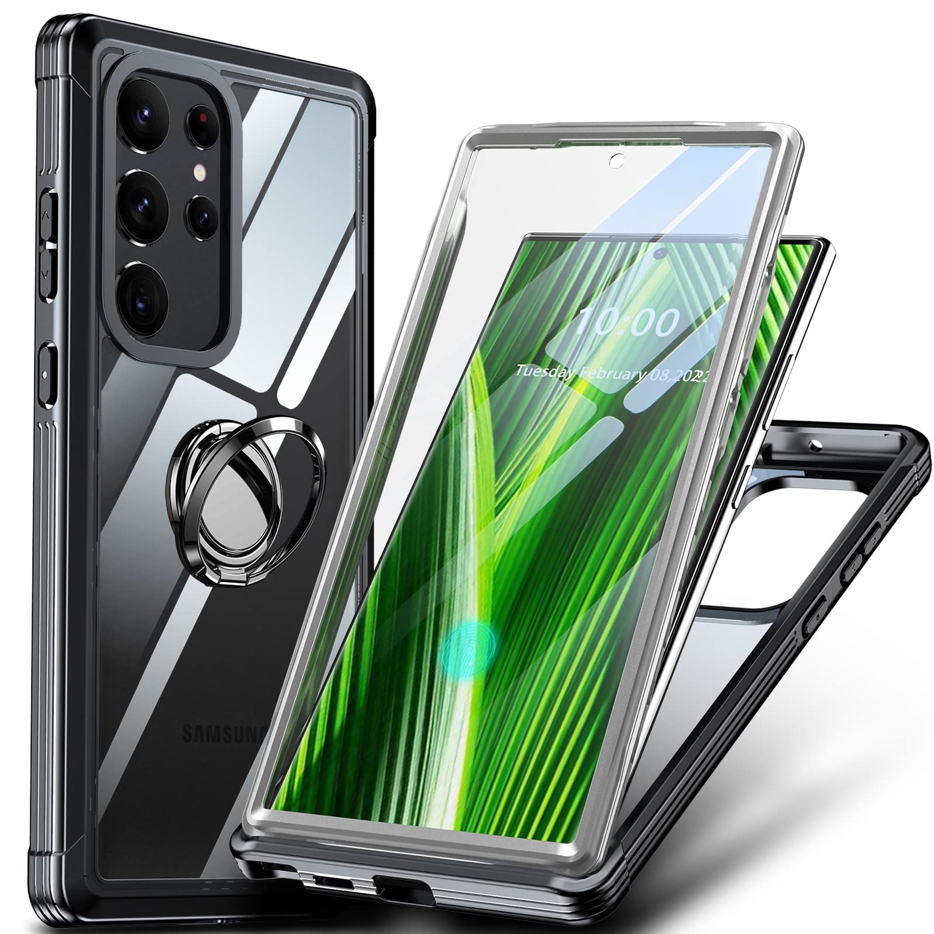 GOLDJU for Samsung Galaxy S23 Ultra Case, with Rotatable Kickstand Ring [Built-in Screen Protector], Heavy Duty Shockproof 360 Full-Body Protection Case for Samsung S23 Ultra 5G Black