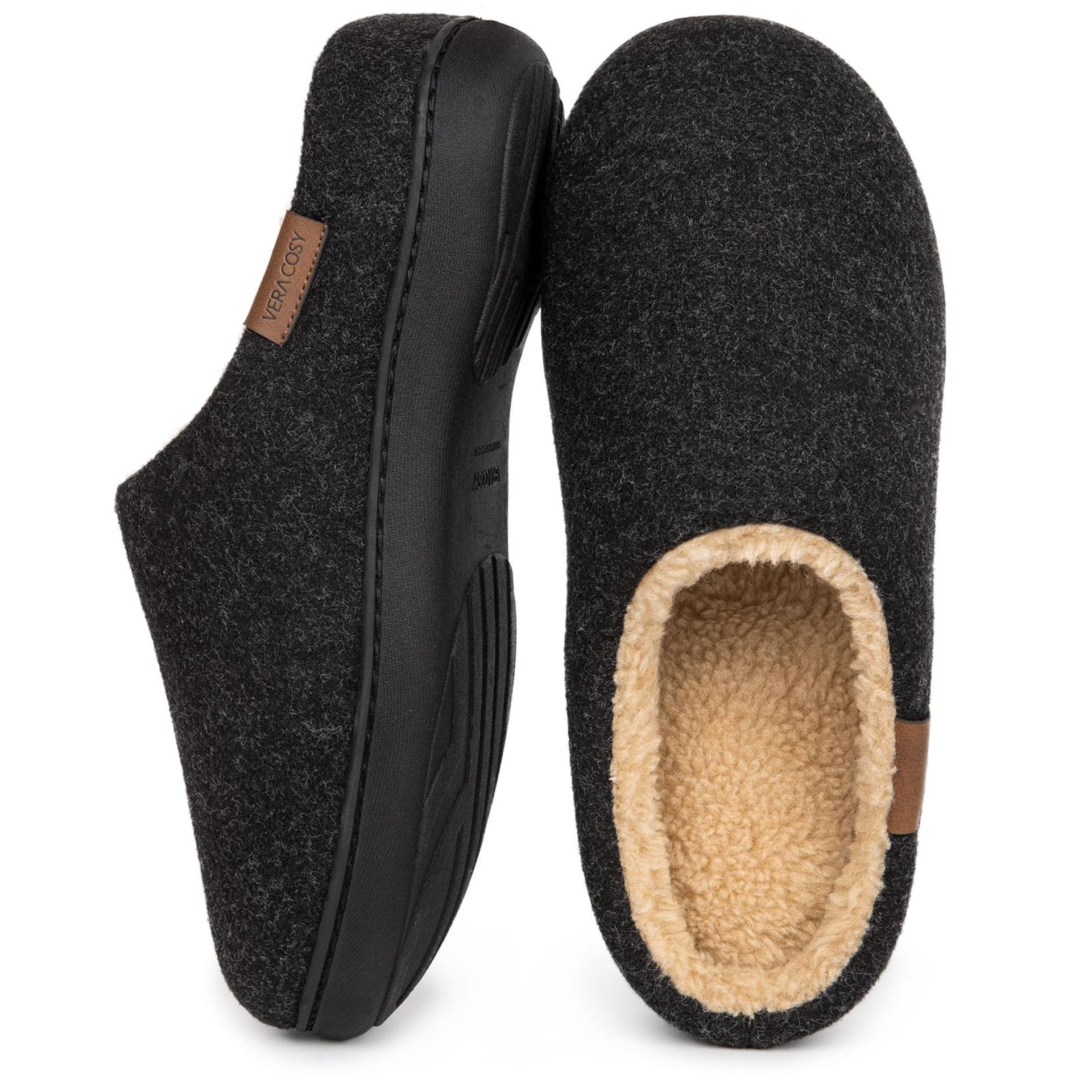 VeraCosy Men's Fuzzy Slip-on Slippers Warm Comfy Memory Foam Non-slip Indoor House Shoes Black, 12-13 UK