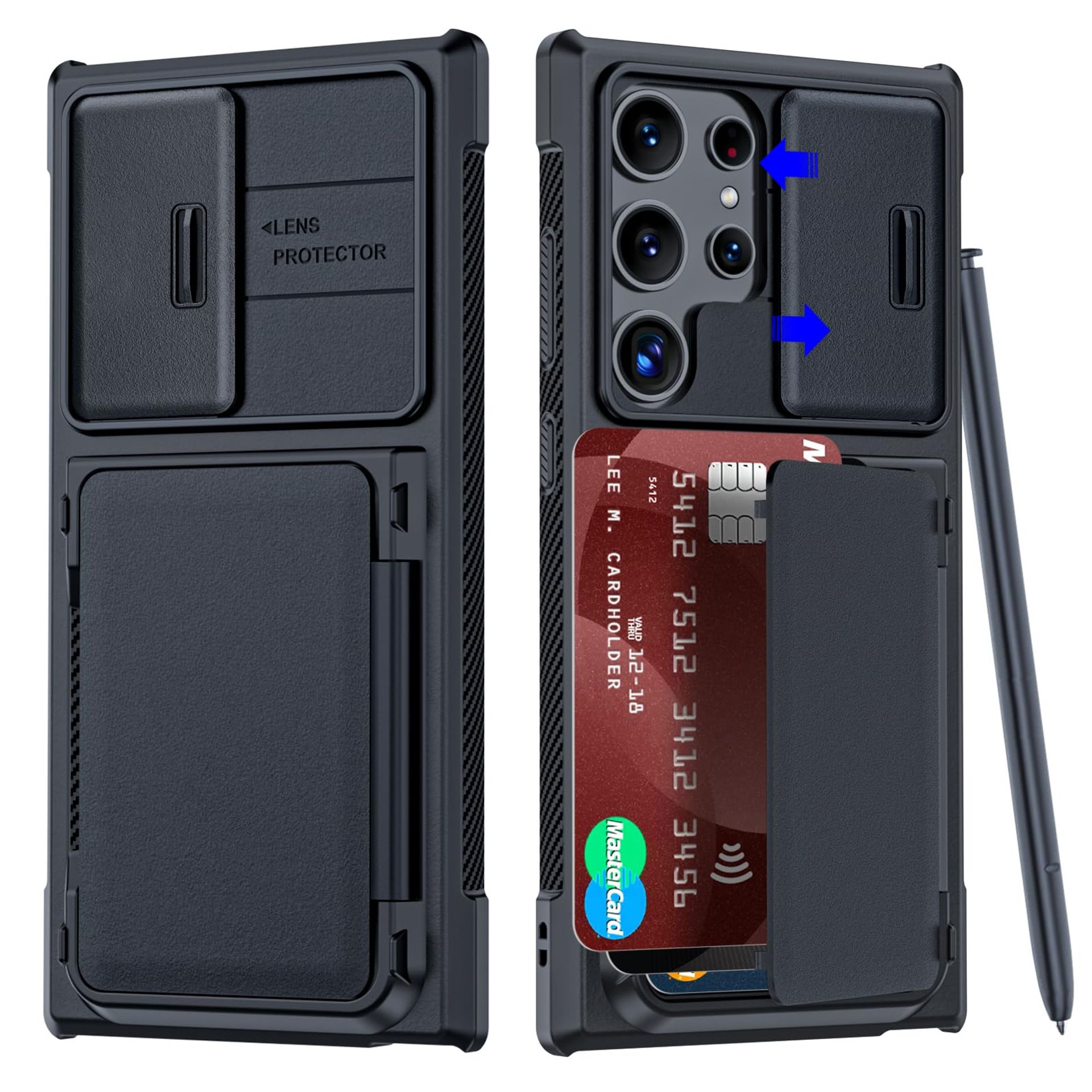Vizvera for Samsung Galaxy S24 Ultra Case with Card Holder & Slide Camera Cover & Kickstand, Scrub Hard Back & TPU Soft Edge Case Anti-Drop Dustproof Wallet Phone Cover for S24 Ultra 5G 6.8"-Black