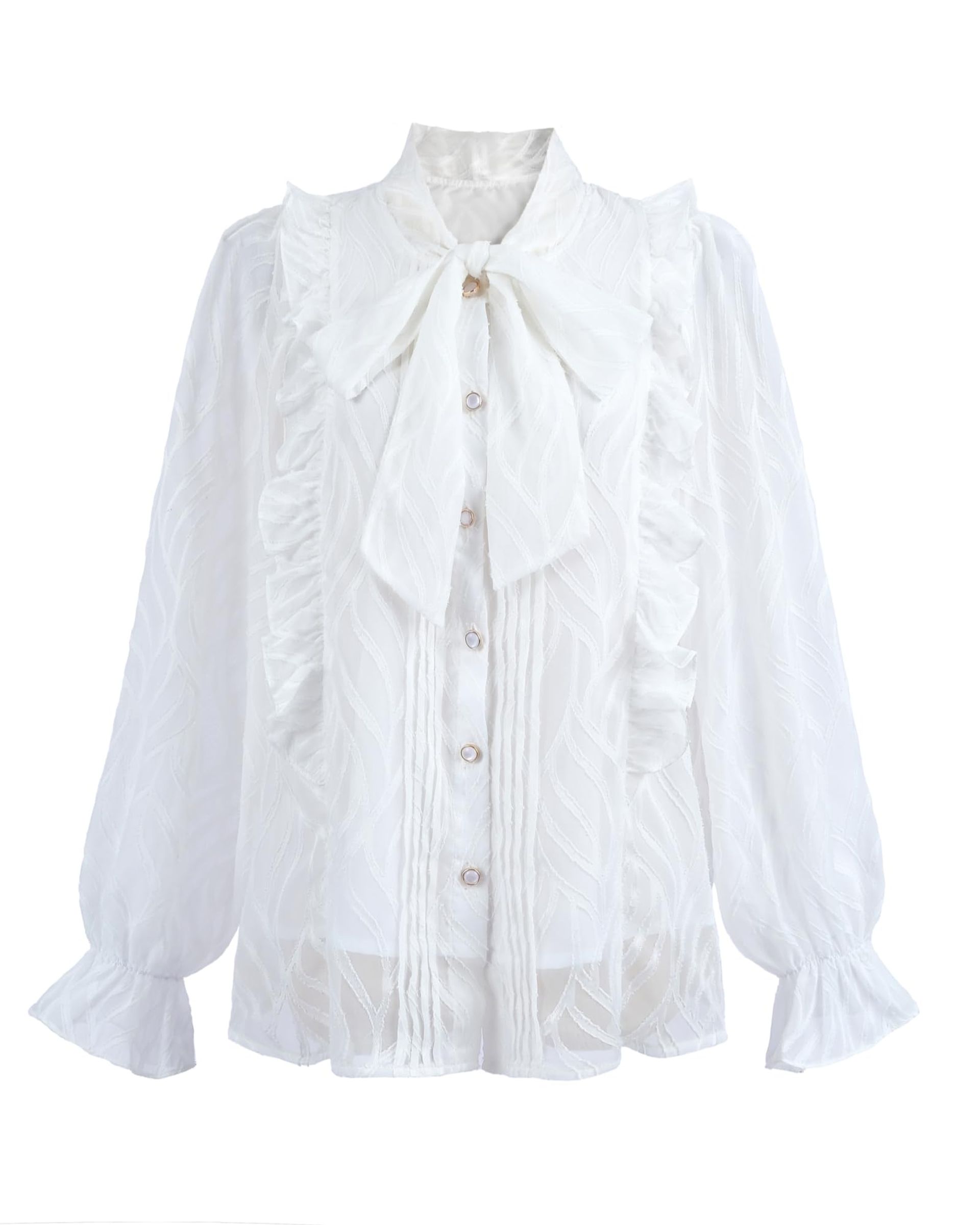 NSPSTT Chiffon Shirt White Long-Sleeved Shirt Victorian Blouse White Shirt with tie L