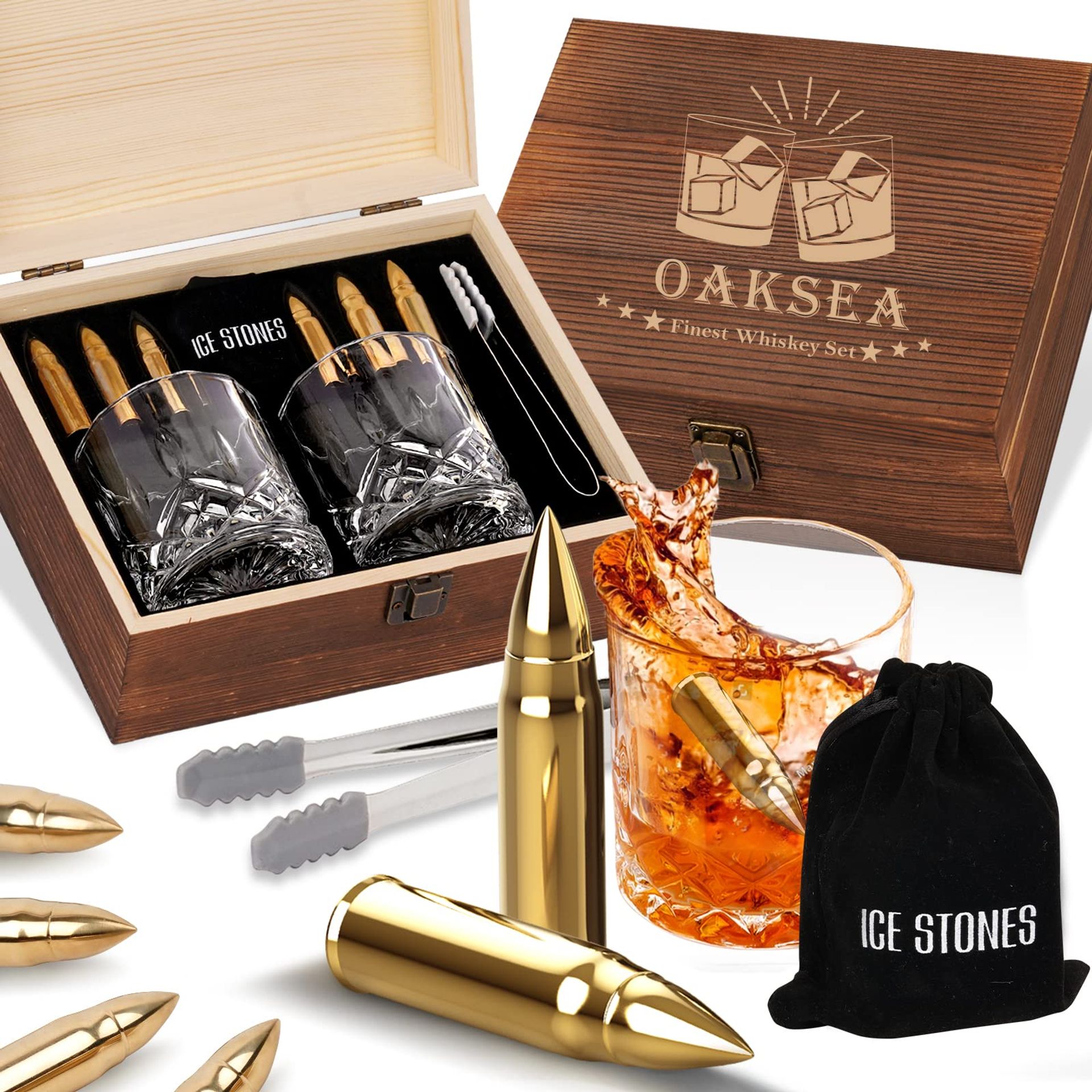 Whiskey Glasses Set Christmas Best Boss Gifts for Men Him, Mens Secret Santa Gifts for Mentor Leader Manager from Employee Coworkers, Xmas Whisky Gift Set with 6 Whisky Stones & 2 Whisky Glasses