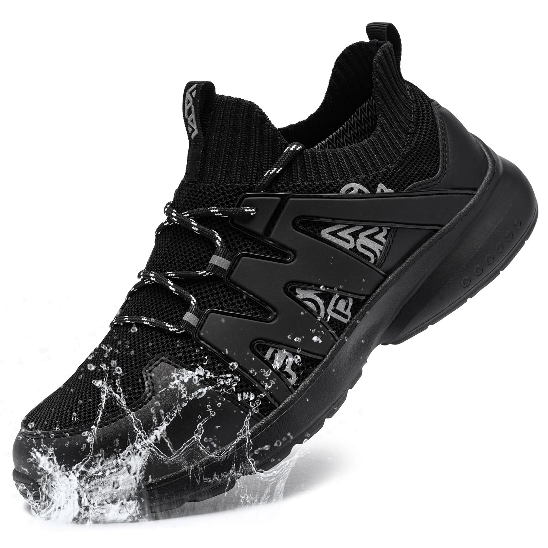 FLOWING PLUME Waterproof Trainers Men Lightweight Rain Men Trainers Comfortable Walking Sneakers Outdoor Fitness Casual Jogging(Elegant Black,9UK)