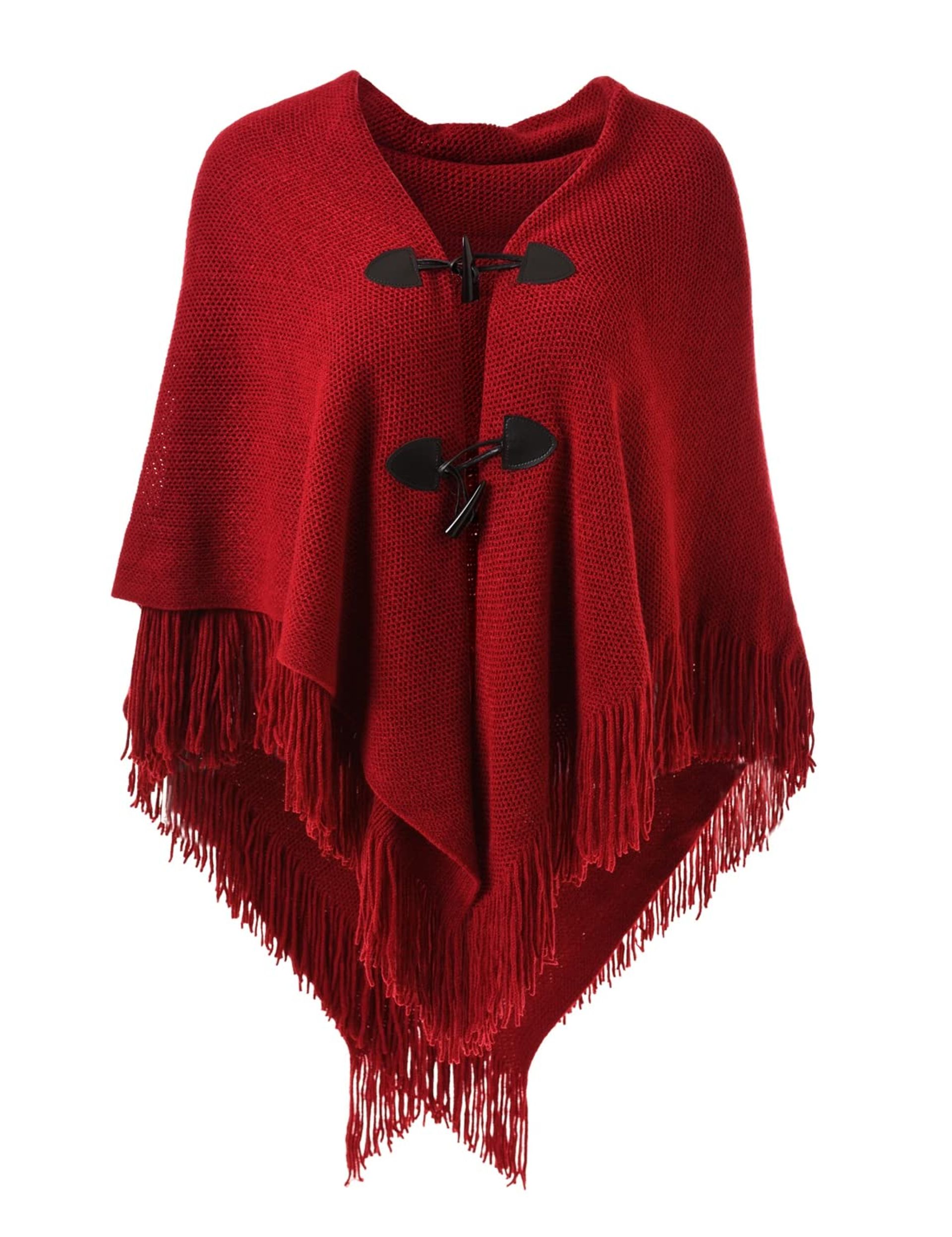 Ferand Women's Open Front Poncho Loose Fitting Fringed Cape Shawl for Autumn Winter 2023 - One Size - Red
