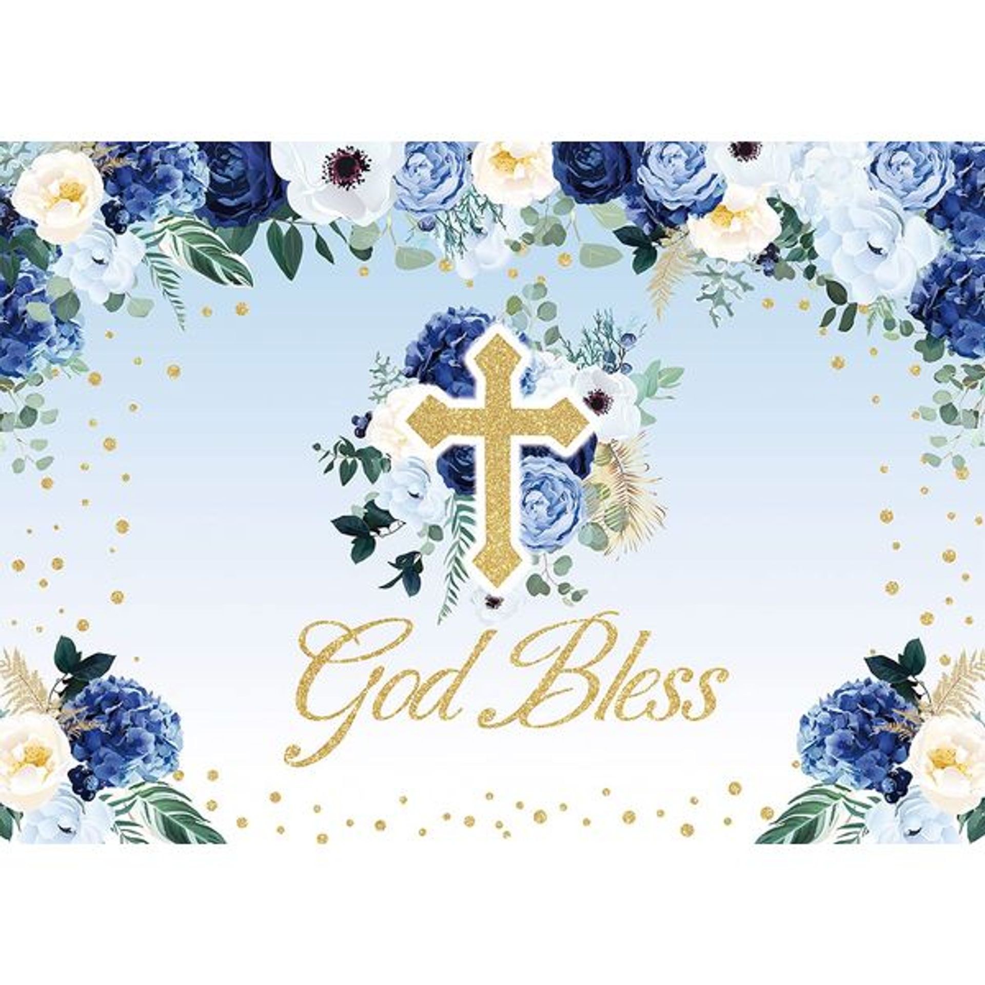 WANGRJ God Bless Communion Backdrop First Baptism Christening Party Blue Flower Photography Background Newborn Boy Children Baby Shower Supplies Photo Booth Props 8x6FT,Blue