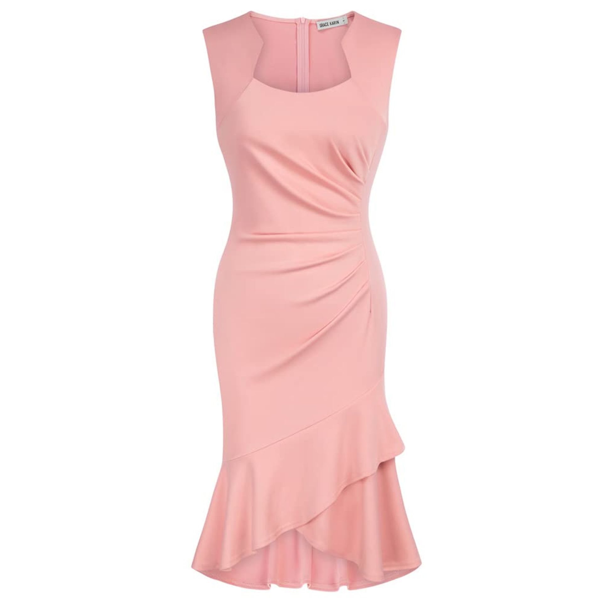GRACE KARIN Women Elegant Fishtail Dress Vintage Bodycon Pencil Dress for Dating Wedding Light Pink L