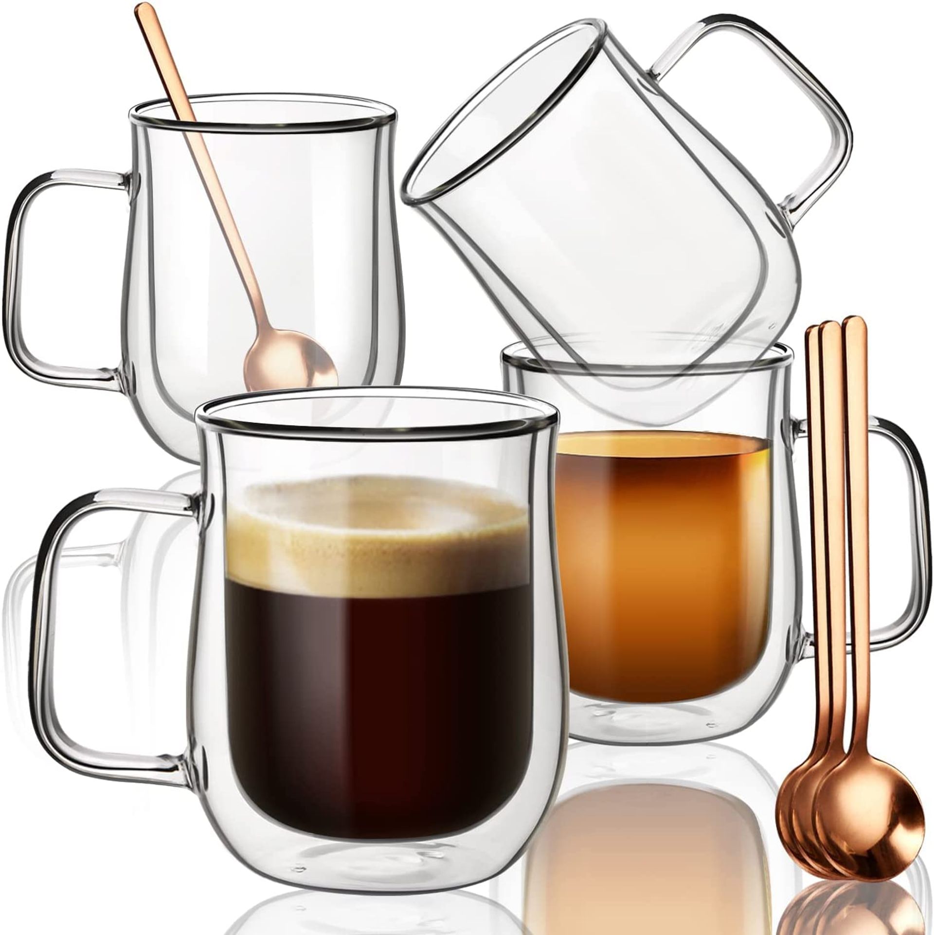 Swanfort 4 Pack Glass Coffee Cups, Double Walled Glass Coffee Mugs Set with Spoons, nespresso Coffee Cups for Hot Beverages (125ml)