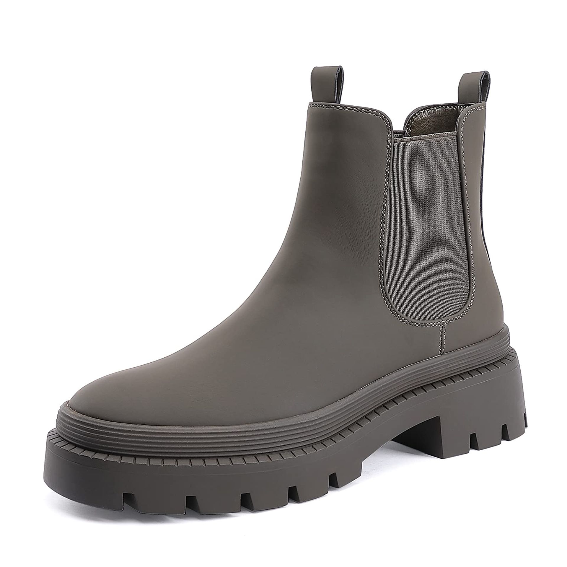 EETTARO Women’s Chelsea Boots Ladies Ankle Chunky Low Block Heel Bootie Elastic Slip On Round Toe Shoes(Khaki PU, Numeric_9)